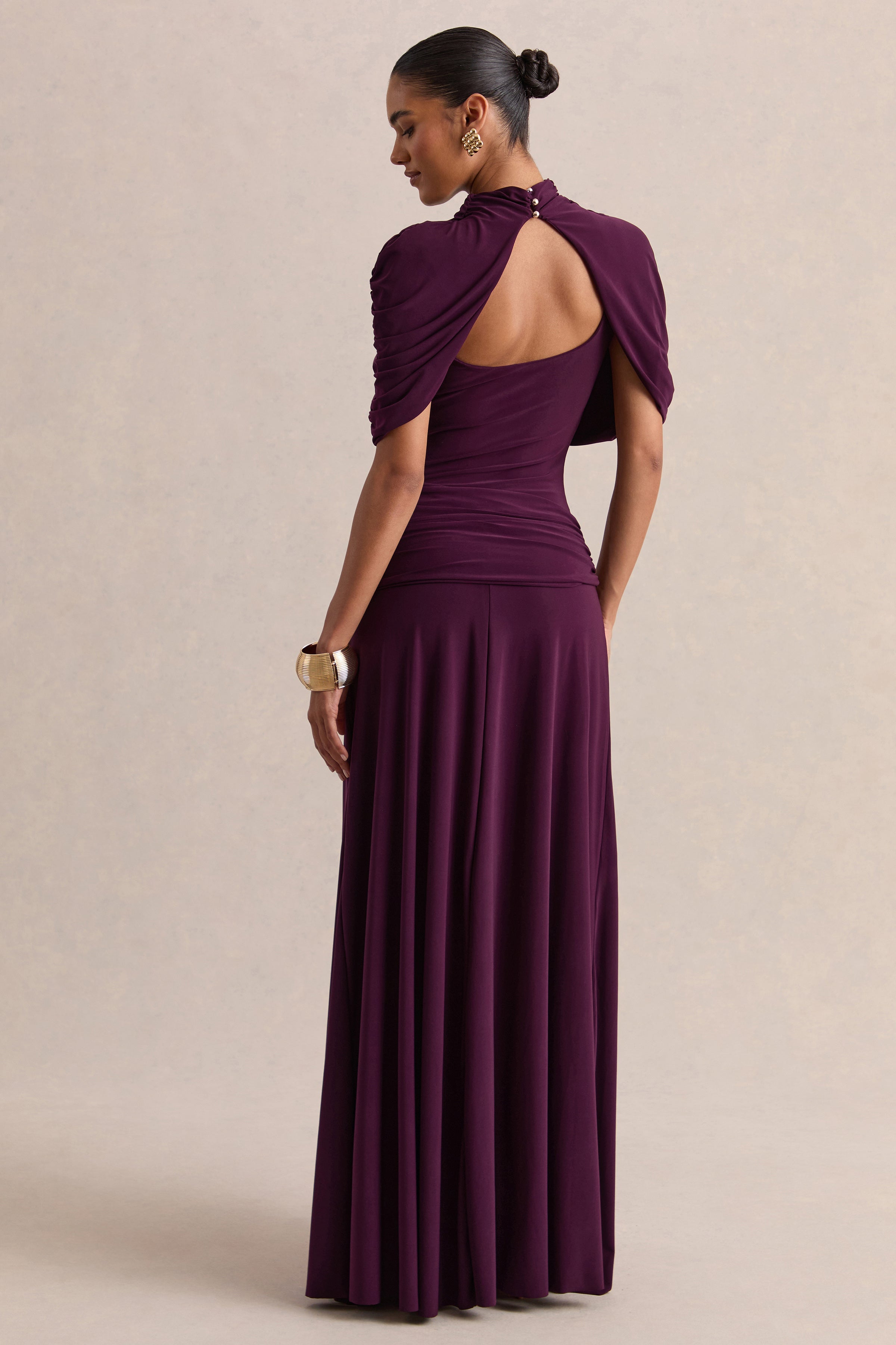 Evelisse | Plum High-Neck Maxi Dress With Short-Cape Sleeves