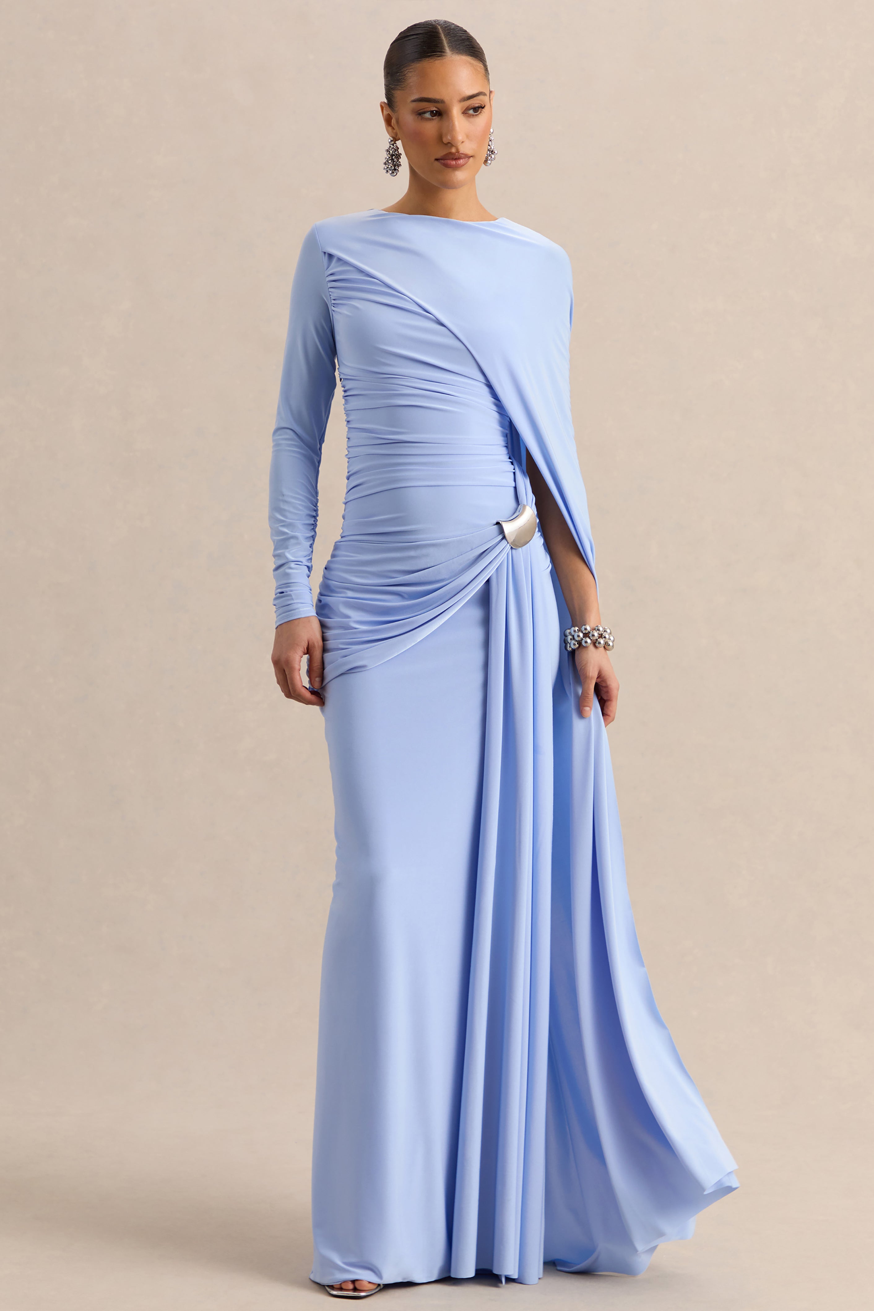 Orintha | Powder Blue Wide-Neck Maxi Dress With Cape And Gold-Detail