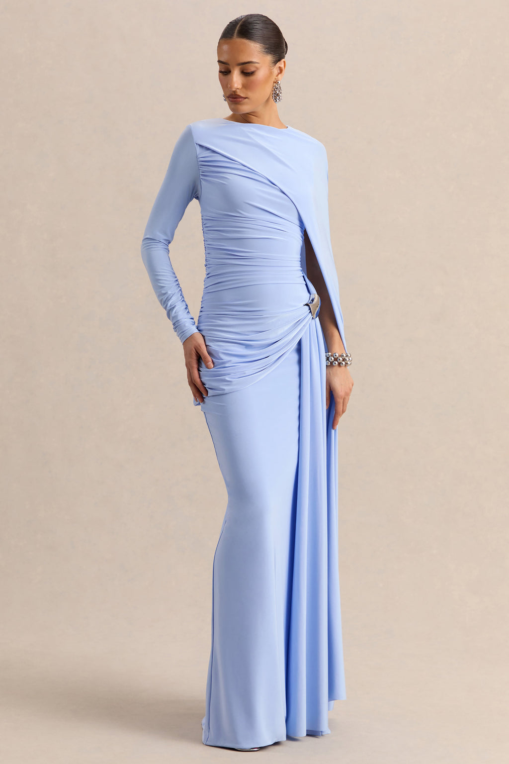 Orintha | Powder Blue Wide-Neck Maxi Dress With Cape And Gold-Detail