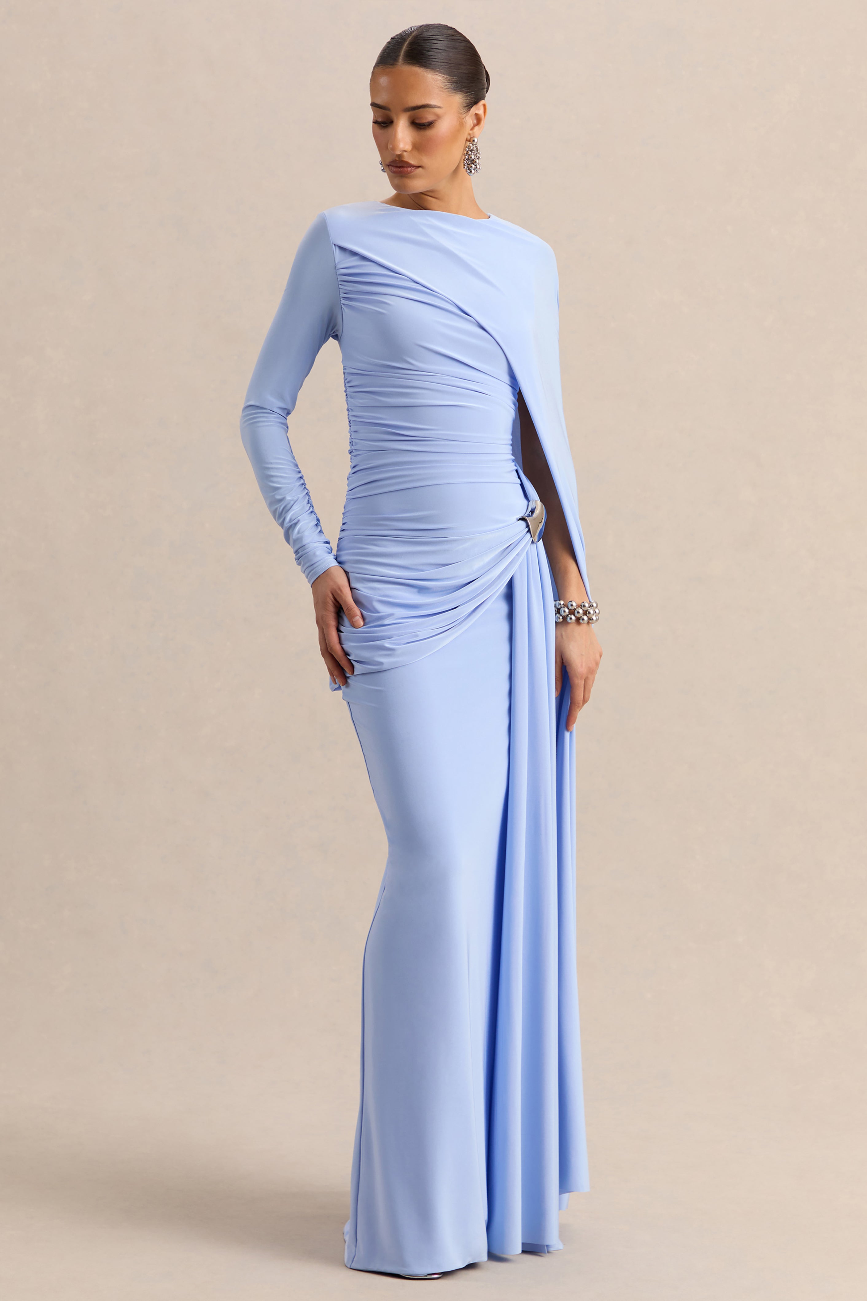 Orintha | Powder Blue Wide-Neck Maxi Dress With Cape And Gold-Detail