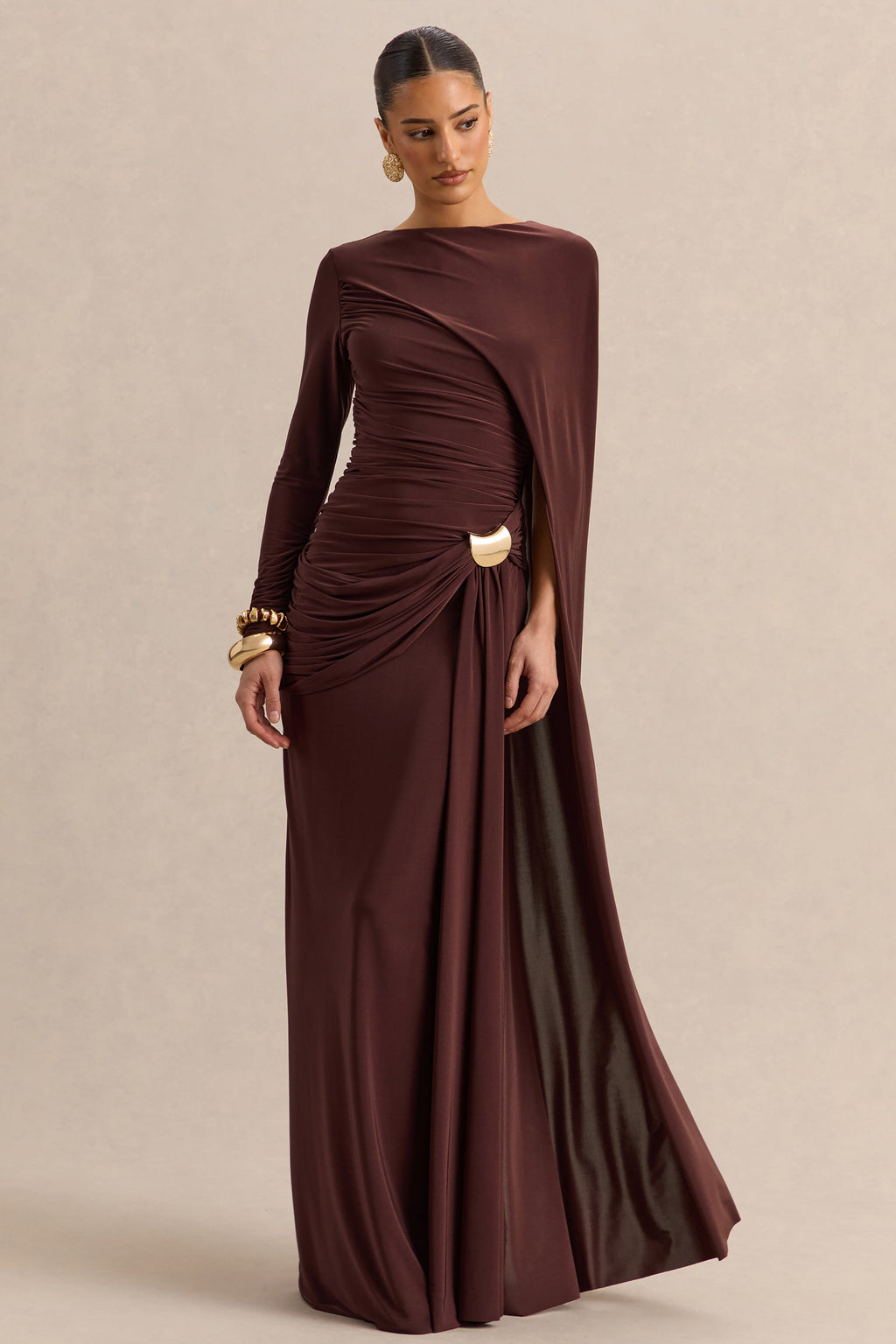 Orintha | Brown Slashed-Neck Maxi Dress With Cape And Gold-Detail