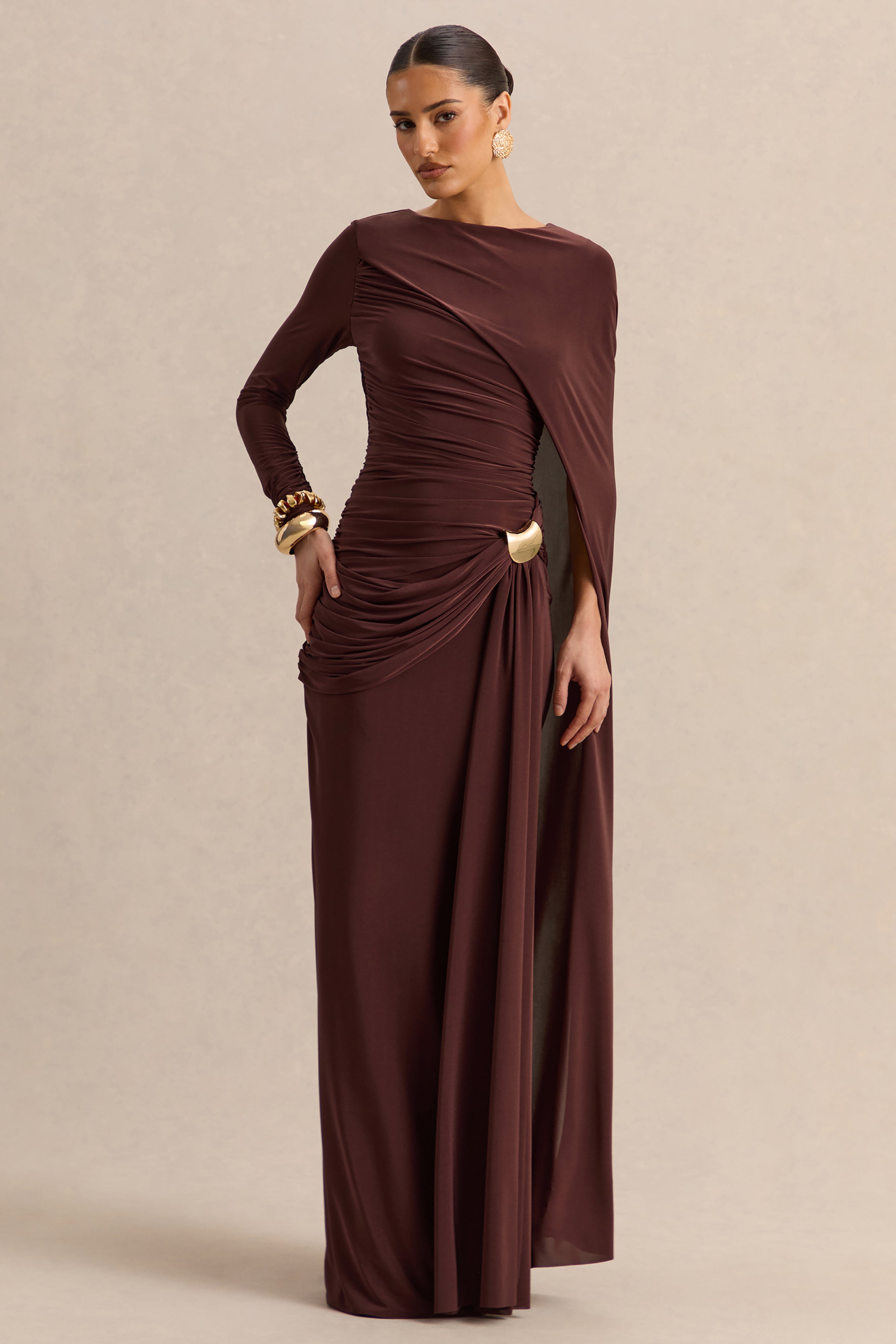 Orintha | Brown Slashed-Neck Maxi Dress With Cape And Gold-Detail