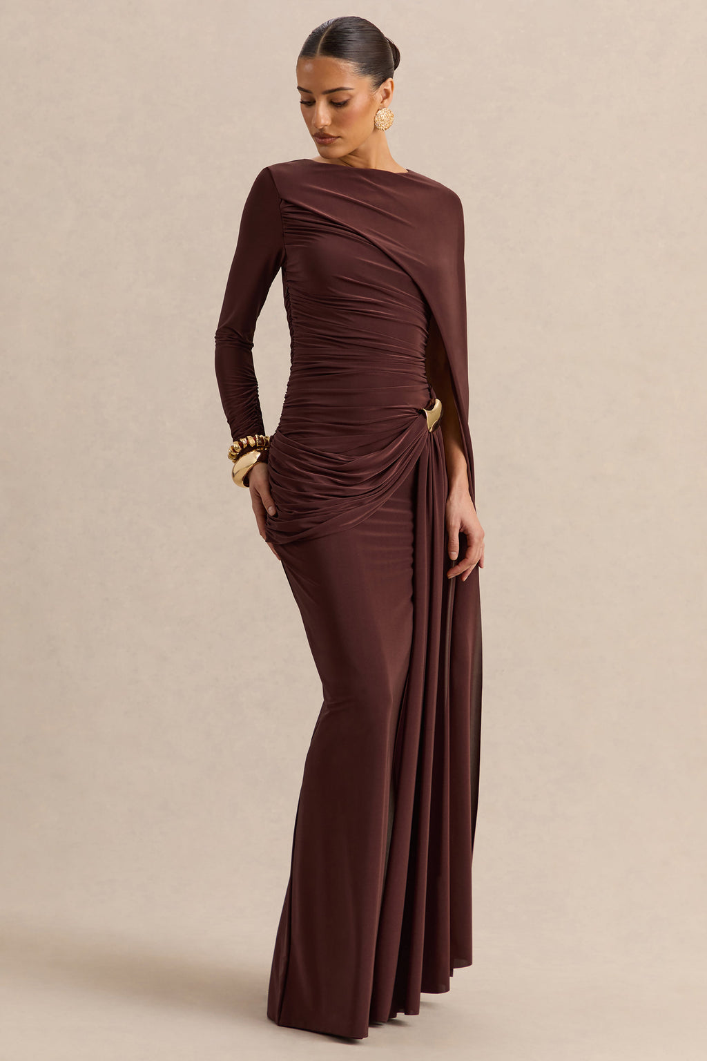 Orintha | Brown Slashed-Neck Maxi Dress With Cape And Gold-Detail