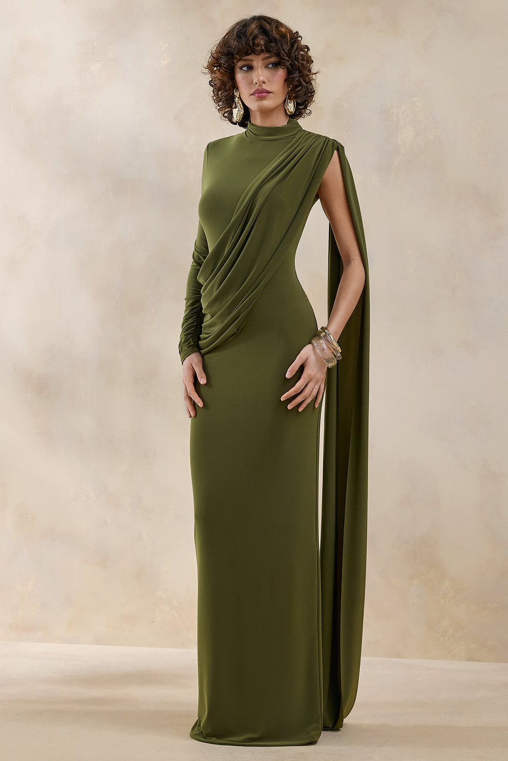 Oliria | Olive High-Neck Maxi Dress With One-Long Sleeve And Sash-Detail