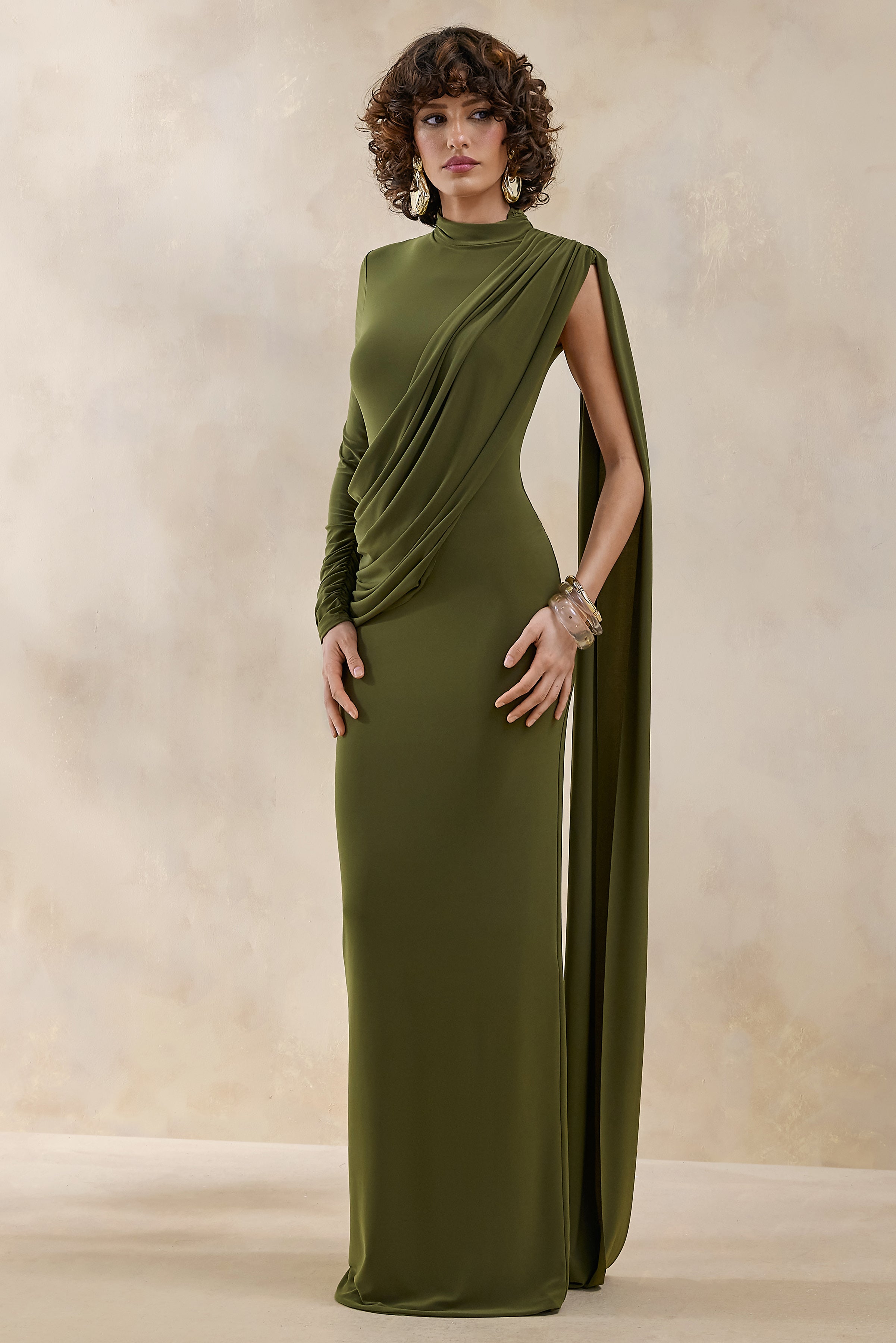 Oliria | Olive High-Neck Maxi Dress With One-Long Sleeve And Sash-Detail