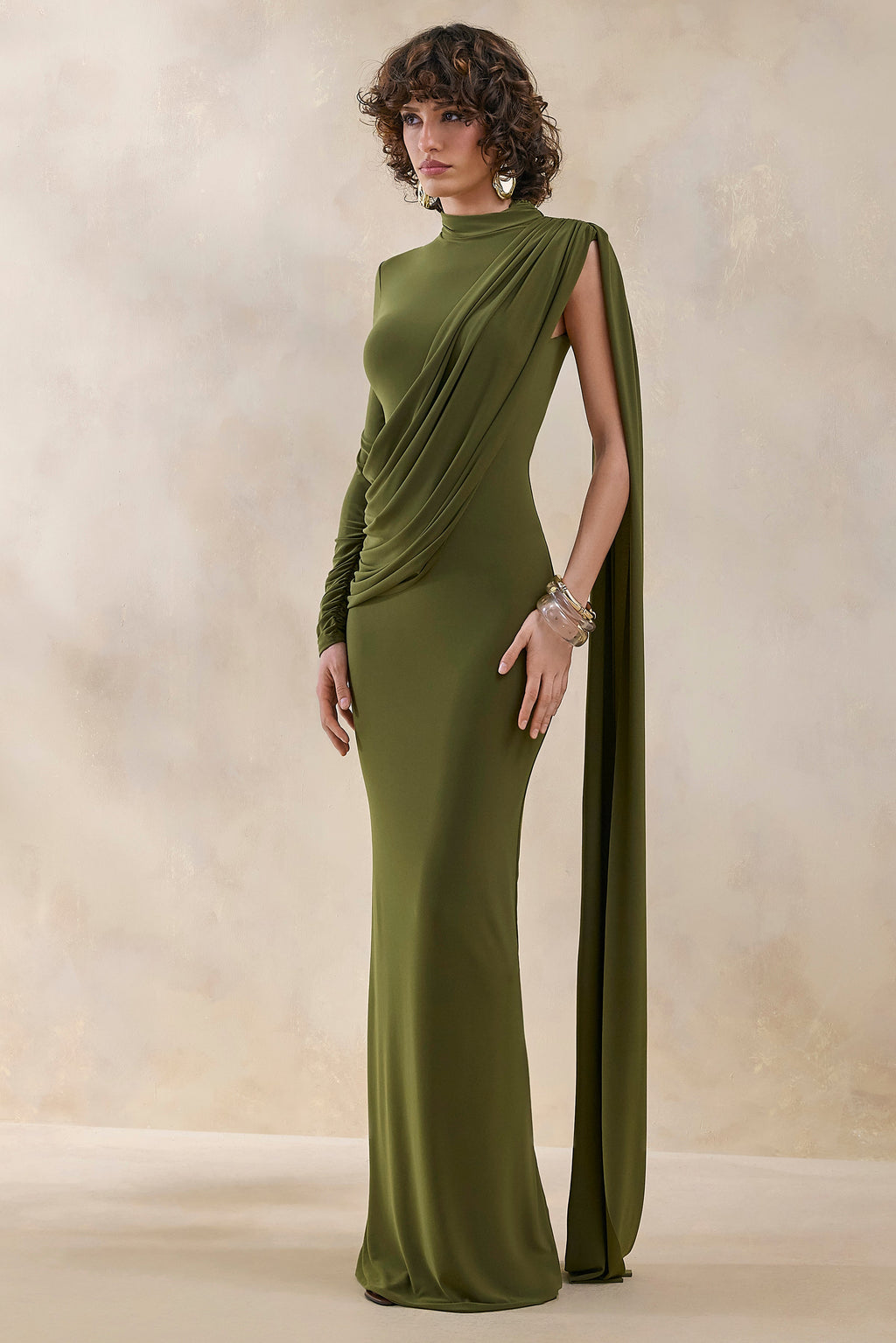 Oliria | Olive High-Neck Maxi Dress With One-Long Sleeve And Sash-Detail