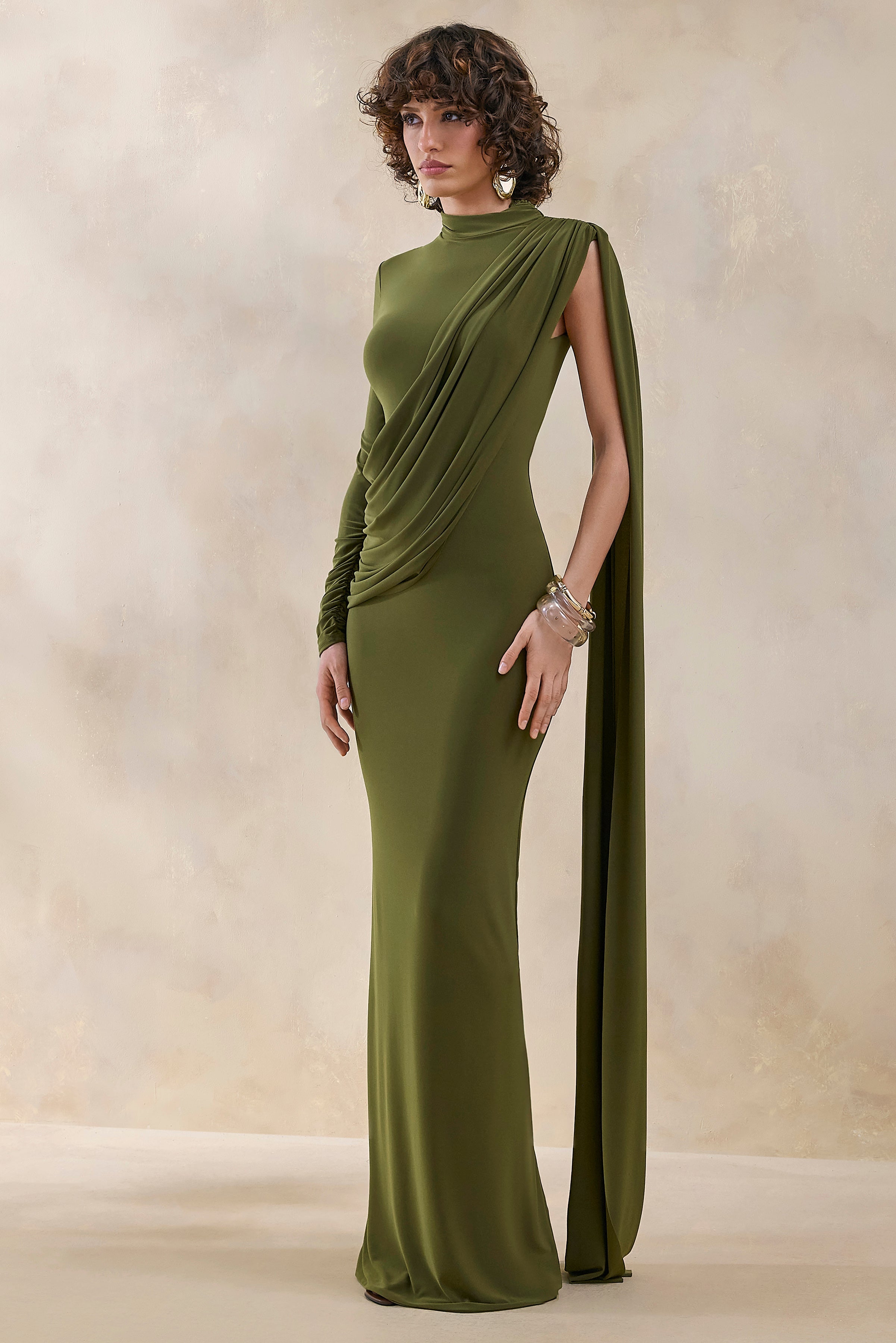 Oliria | Olive High-Neck Maxi Dress With One-Long Sleeve And Sash-Detail