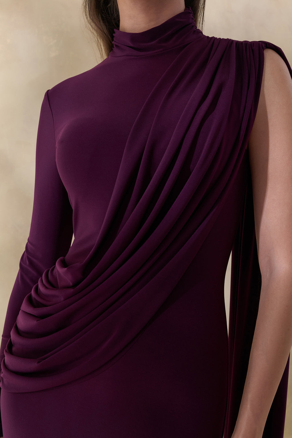 Oliria | Dark Plum High-Neck Maxi Dress With One-Long Sleeve And Sash-Detail