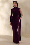 Oliria | Dark Plum High-Neck Maxi Dress With One-Long Sleeve And Sash-Detail