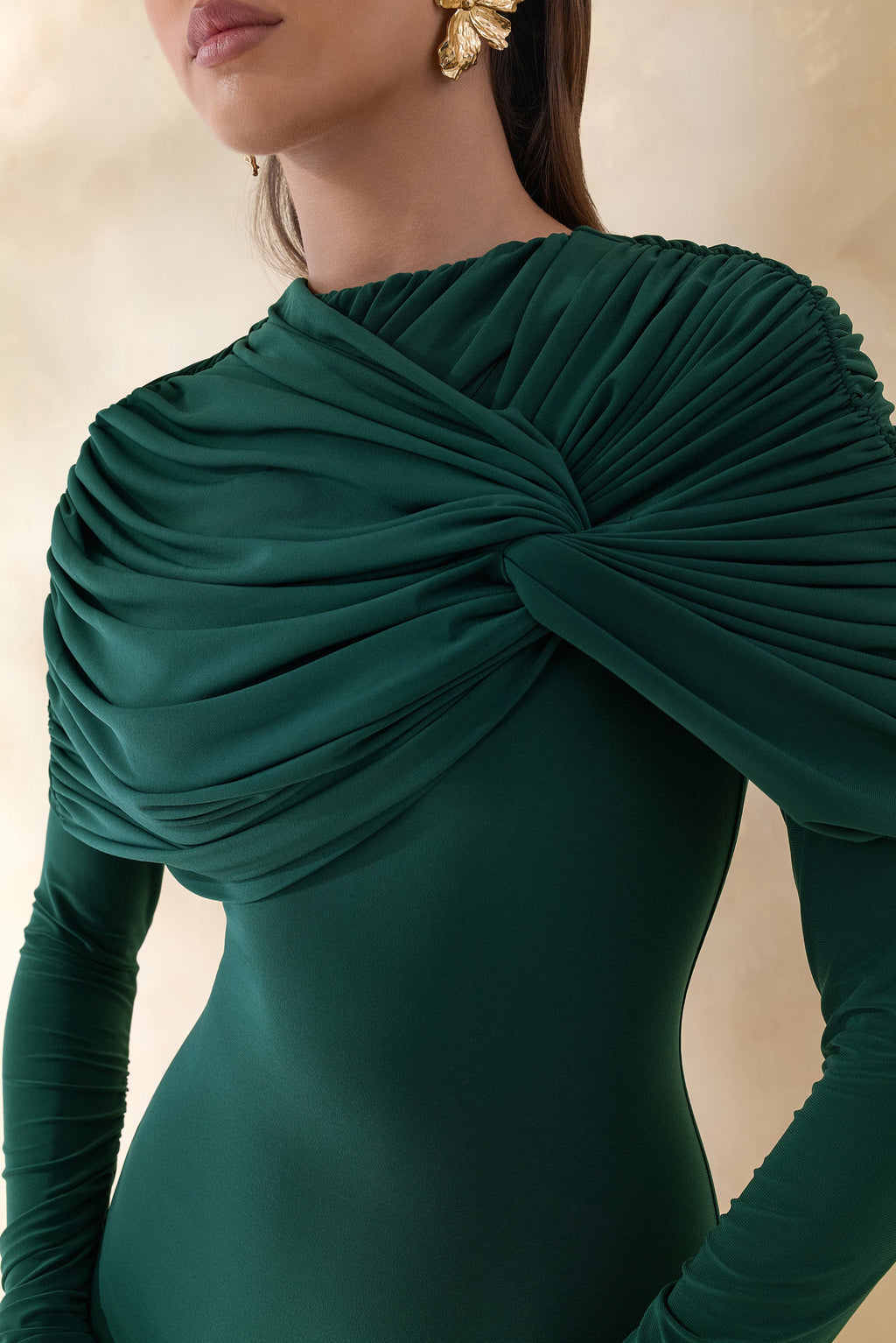 Evessa | Dark Green High-Neck Maxi Dress With Gathered-Detailing