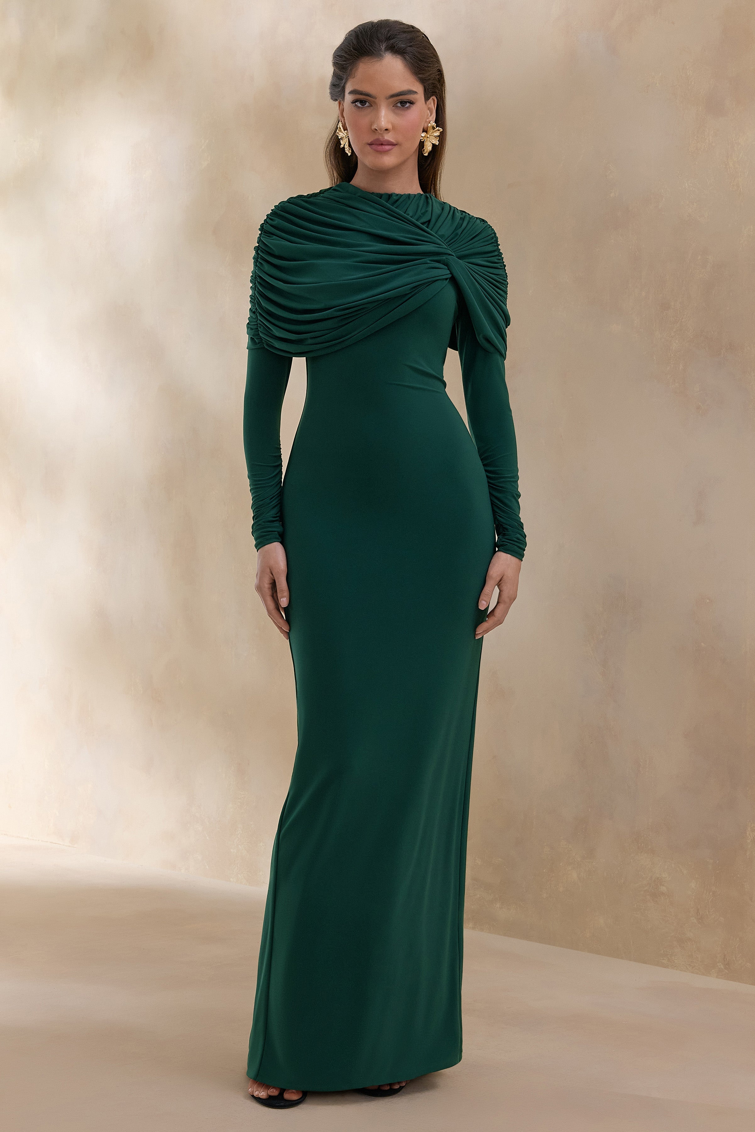 Evessa | Dark Green High-Neck Maxi Dress With Gathered-Detailing