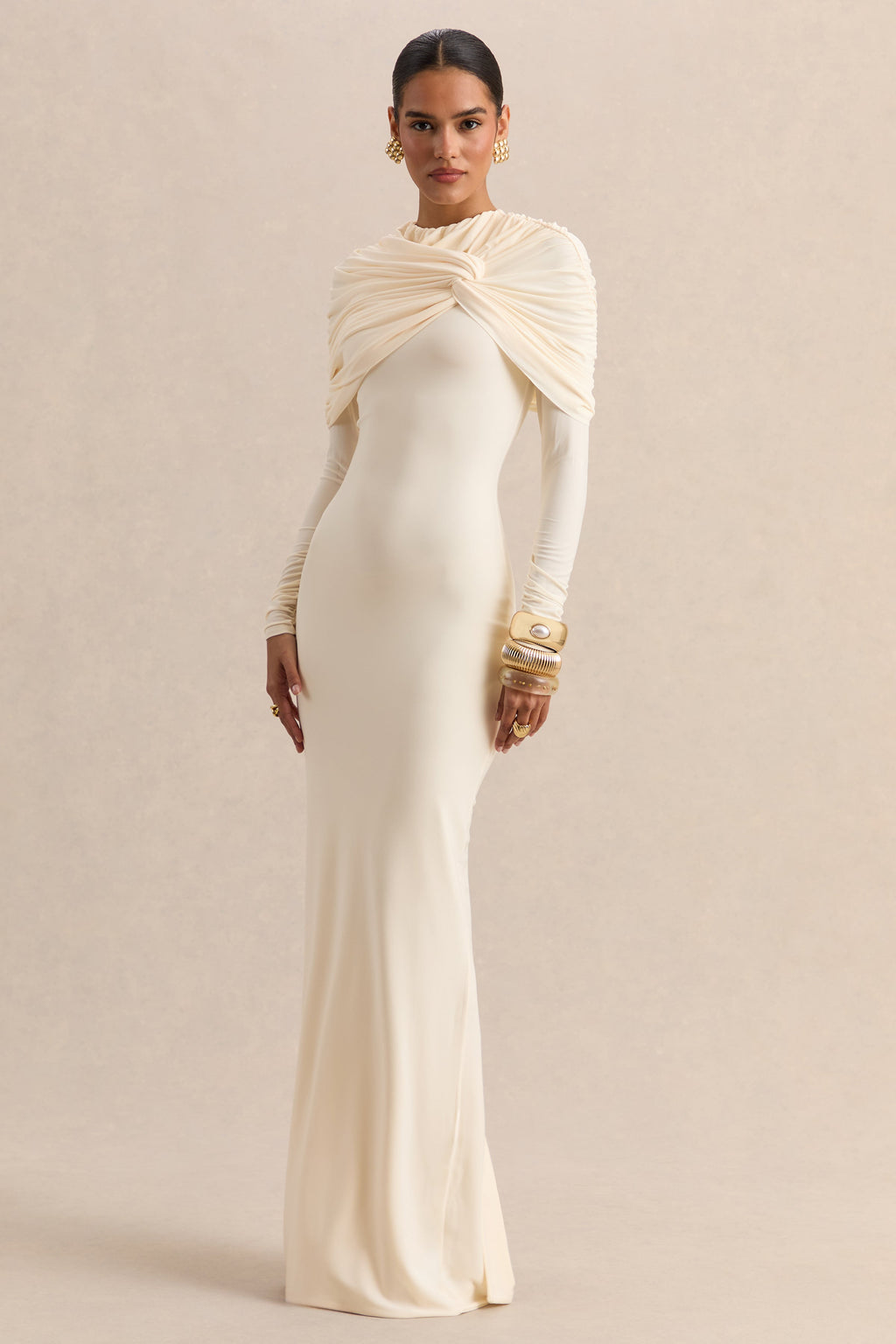 Evessa | Cream Crew-Neck Maxi Dress With Gathered-Detailing