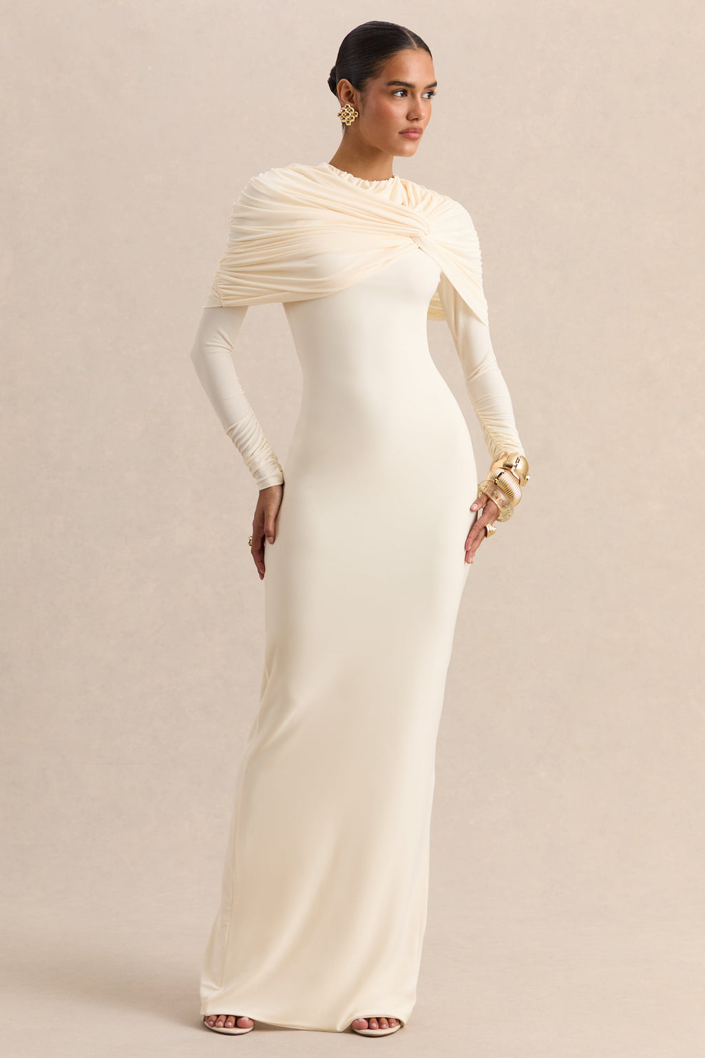 Evessa | Cream Crew-Neck Maxi Dress With Gathered-Detailing
