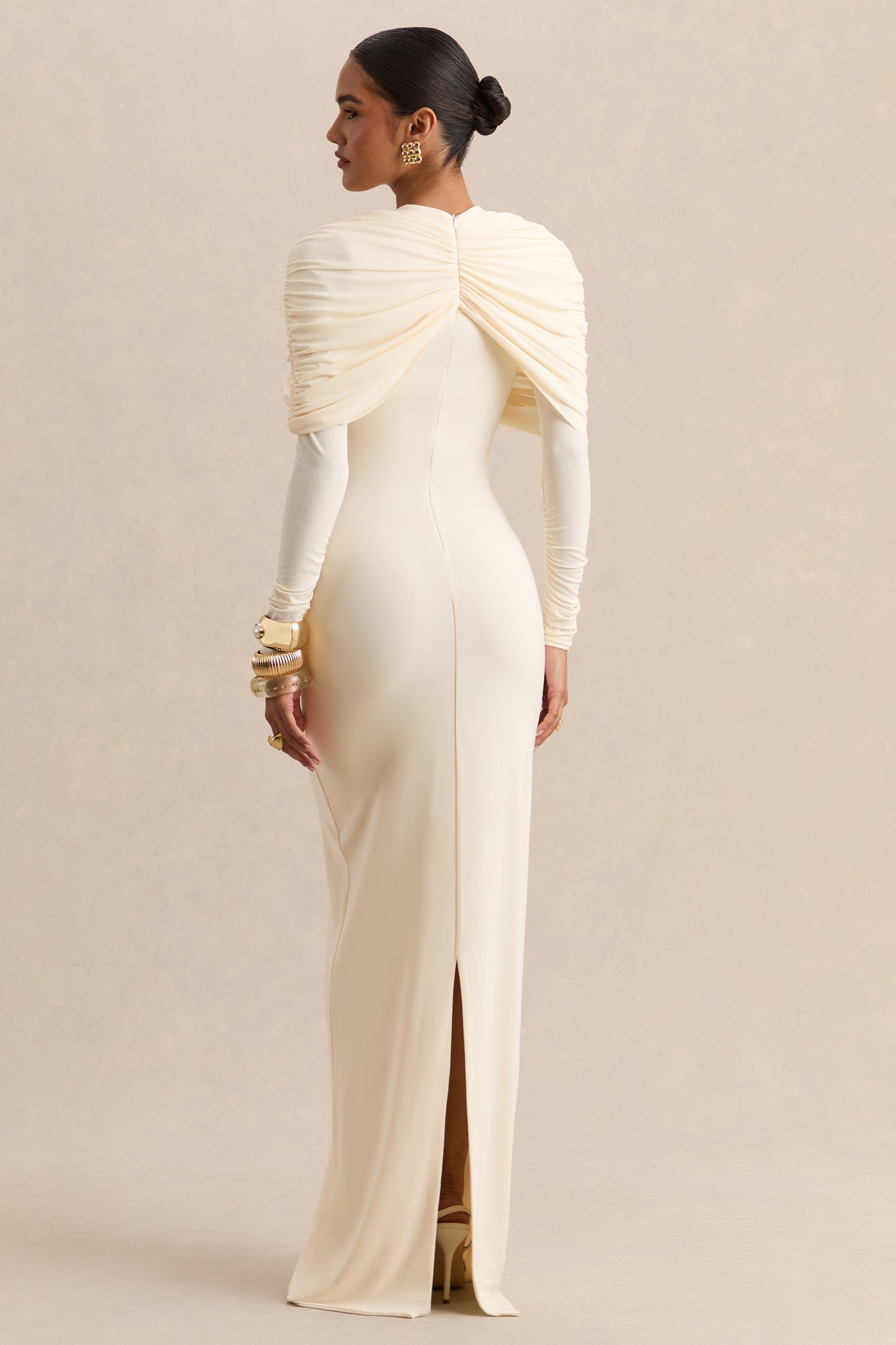 Evessa | Cream Crew-Neck Maxi Dress With Gathered-Detailing