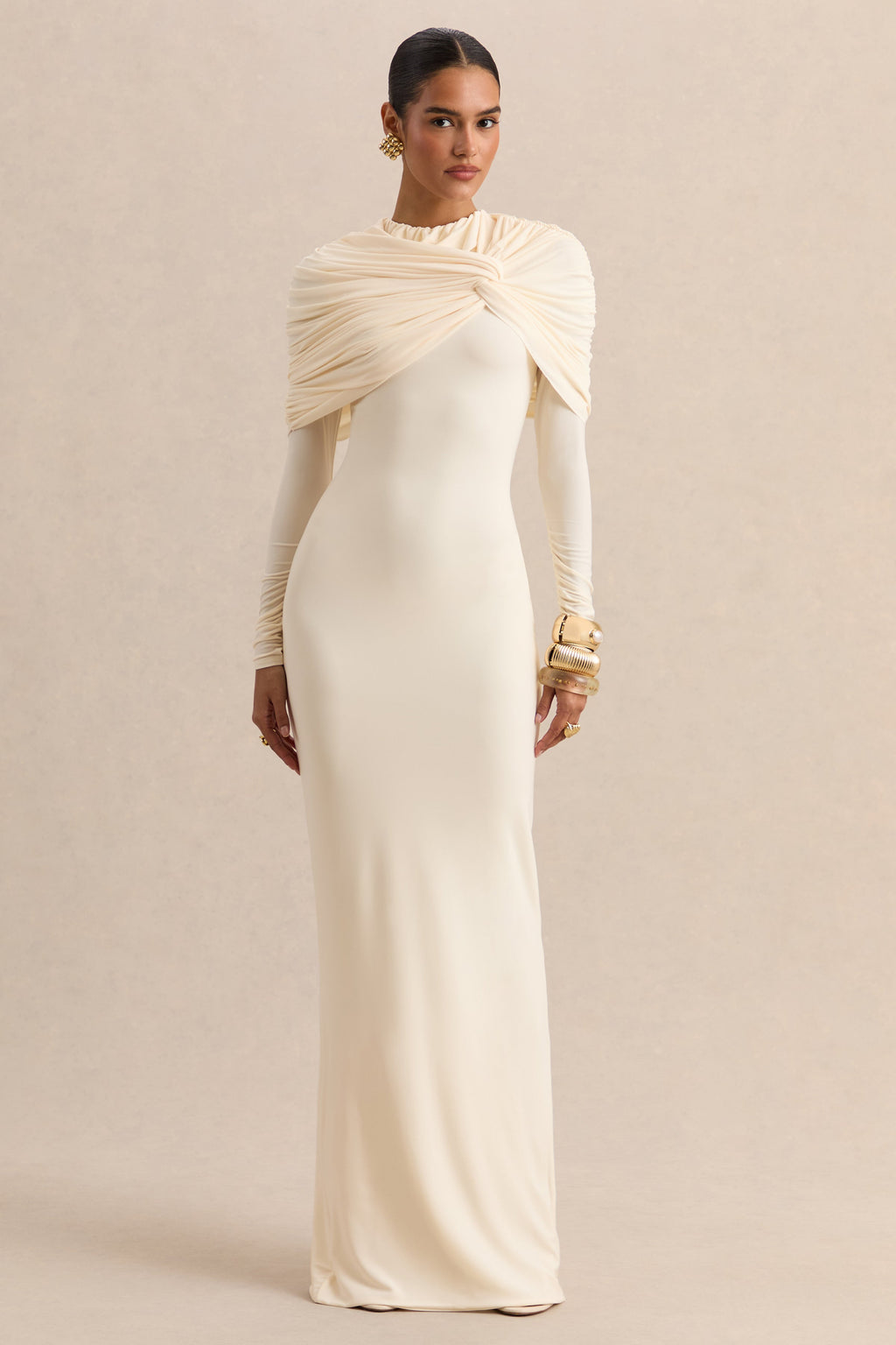 Evessa | Cream Crew-Neck Maxi Dress With Gathered-Detailing