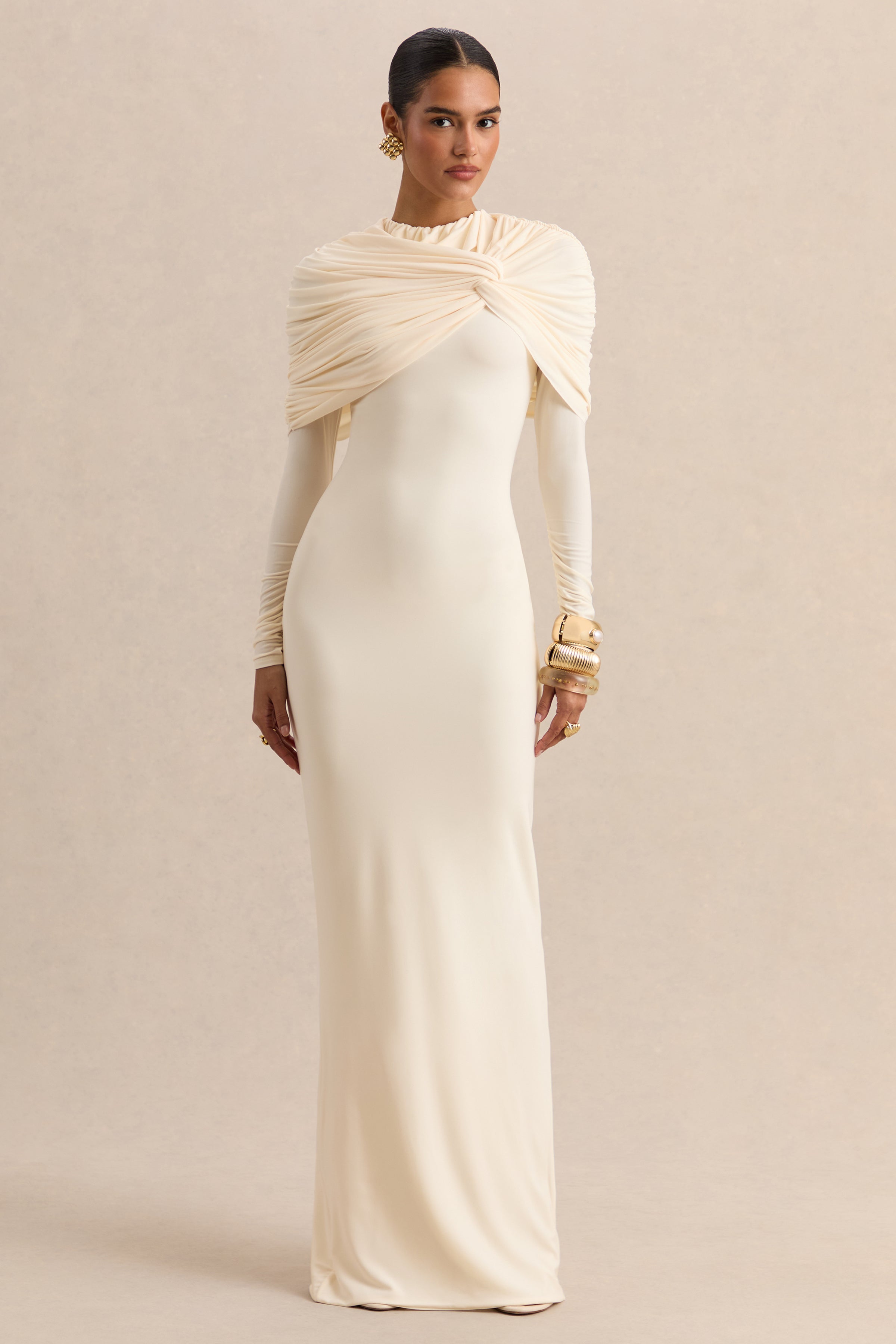 Evessa | Cream Crew-Neck Maxi Dress With Gathered-Detailing