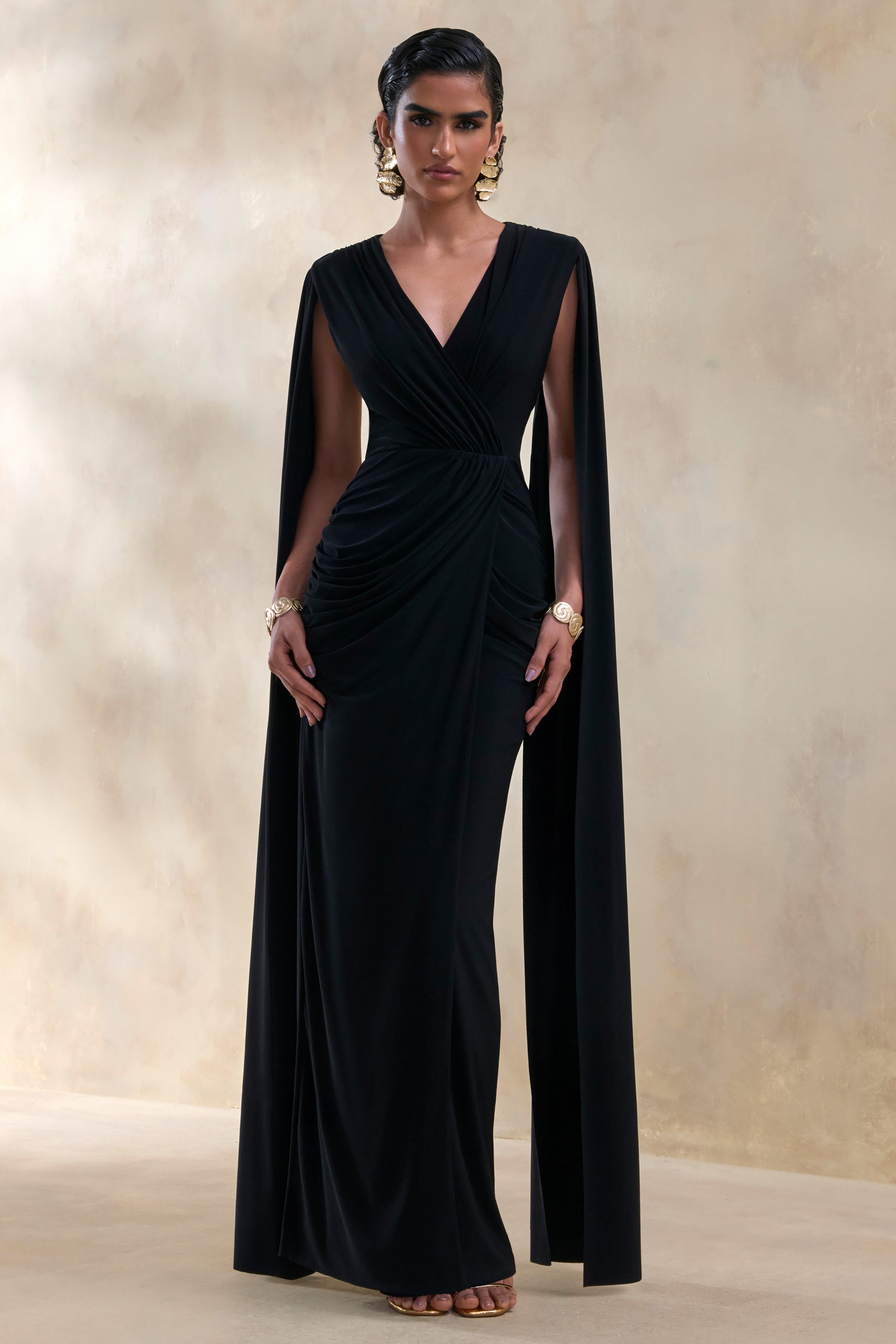 Ulissia | Black V-Neck Maxi Dress With Cape-Sleeves
