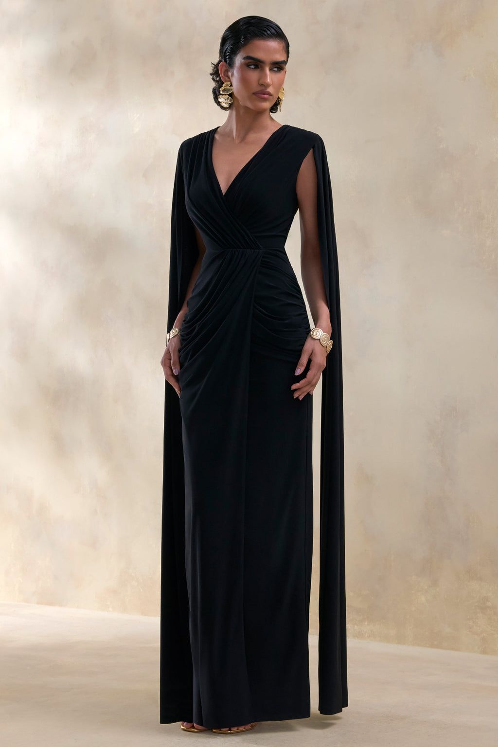 Ulissia | Black V-Neck Maxi Dress With Cape-Sleeves