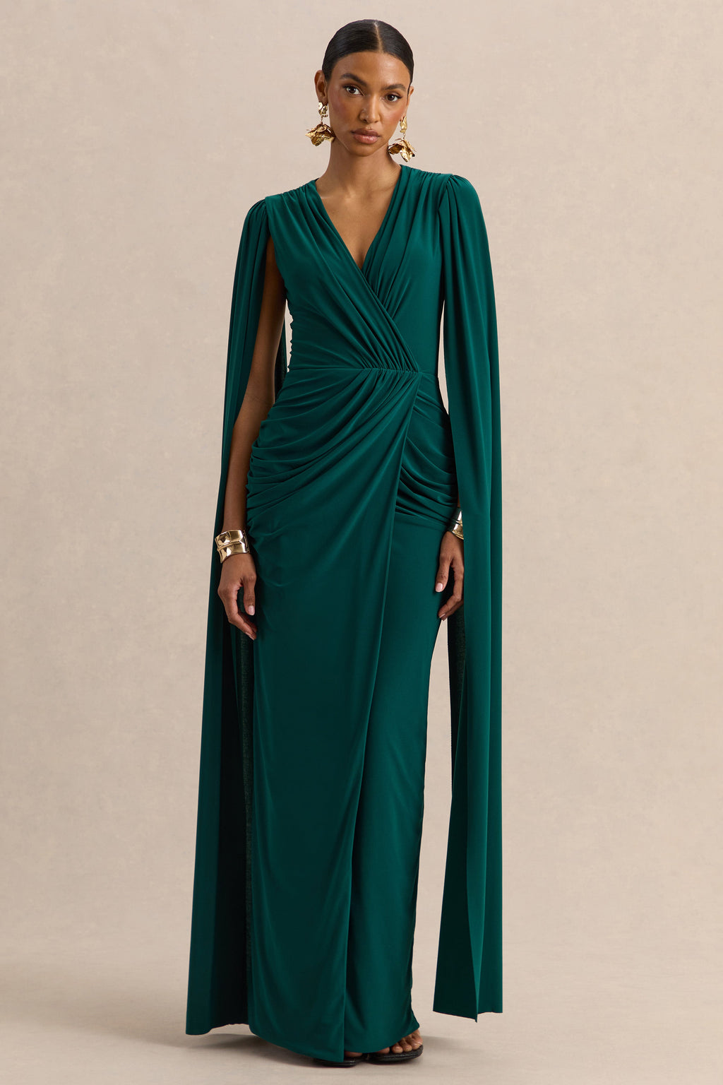Ulissia | Bottle Green V-Neck Maxi Dress With Cape-Sleeves