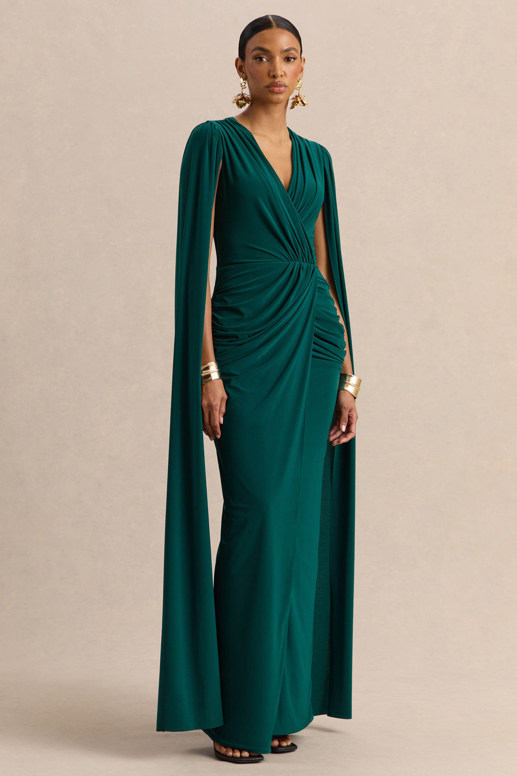 Ulissia | Bottle Green V-Neck Maxi Dress With Cape-Sleeves