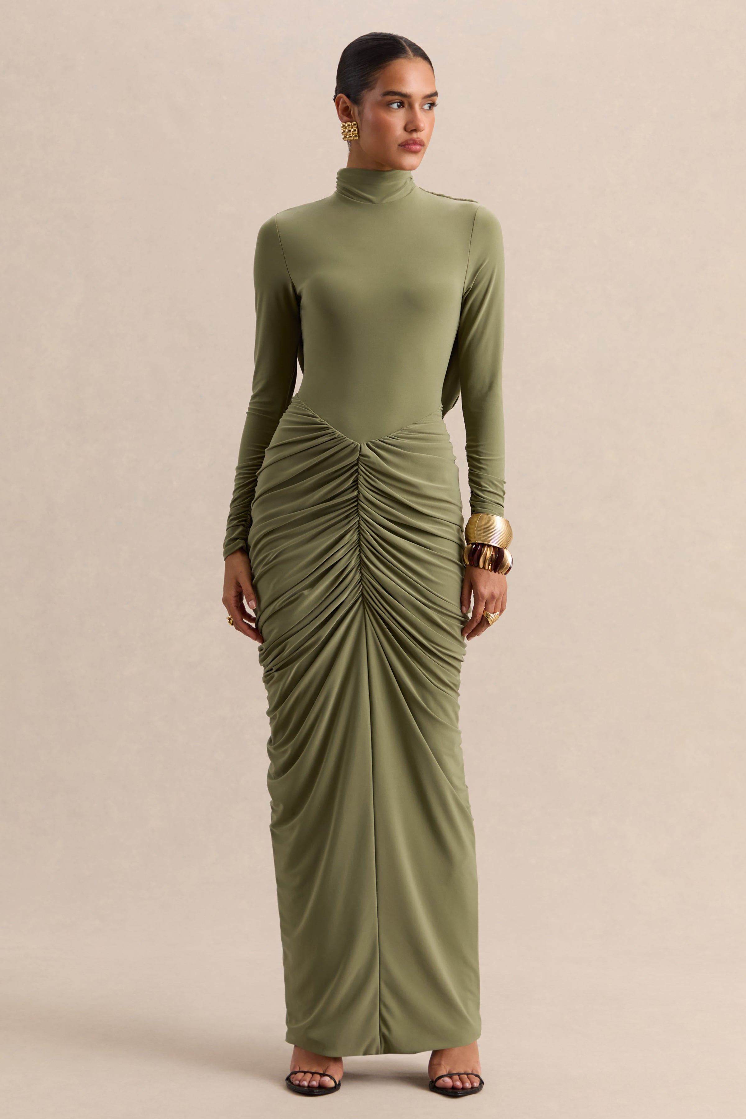 Harmona | Olive High-Neck Maxi Dress With Gathered And Draped-Detailing