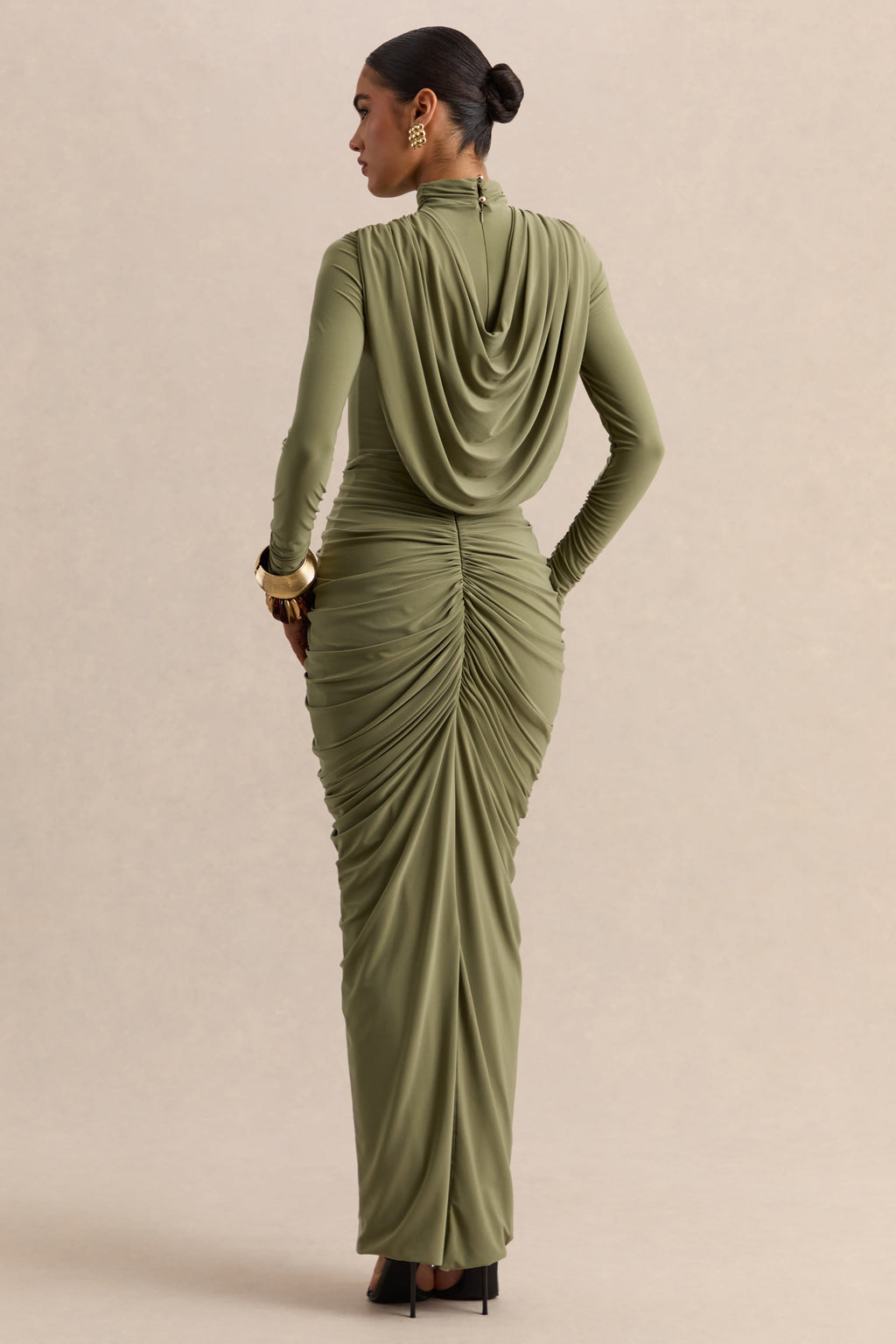 Harmona | Olive High-Neck Maxi Dress With Gathered And Draped-Detailing