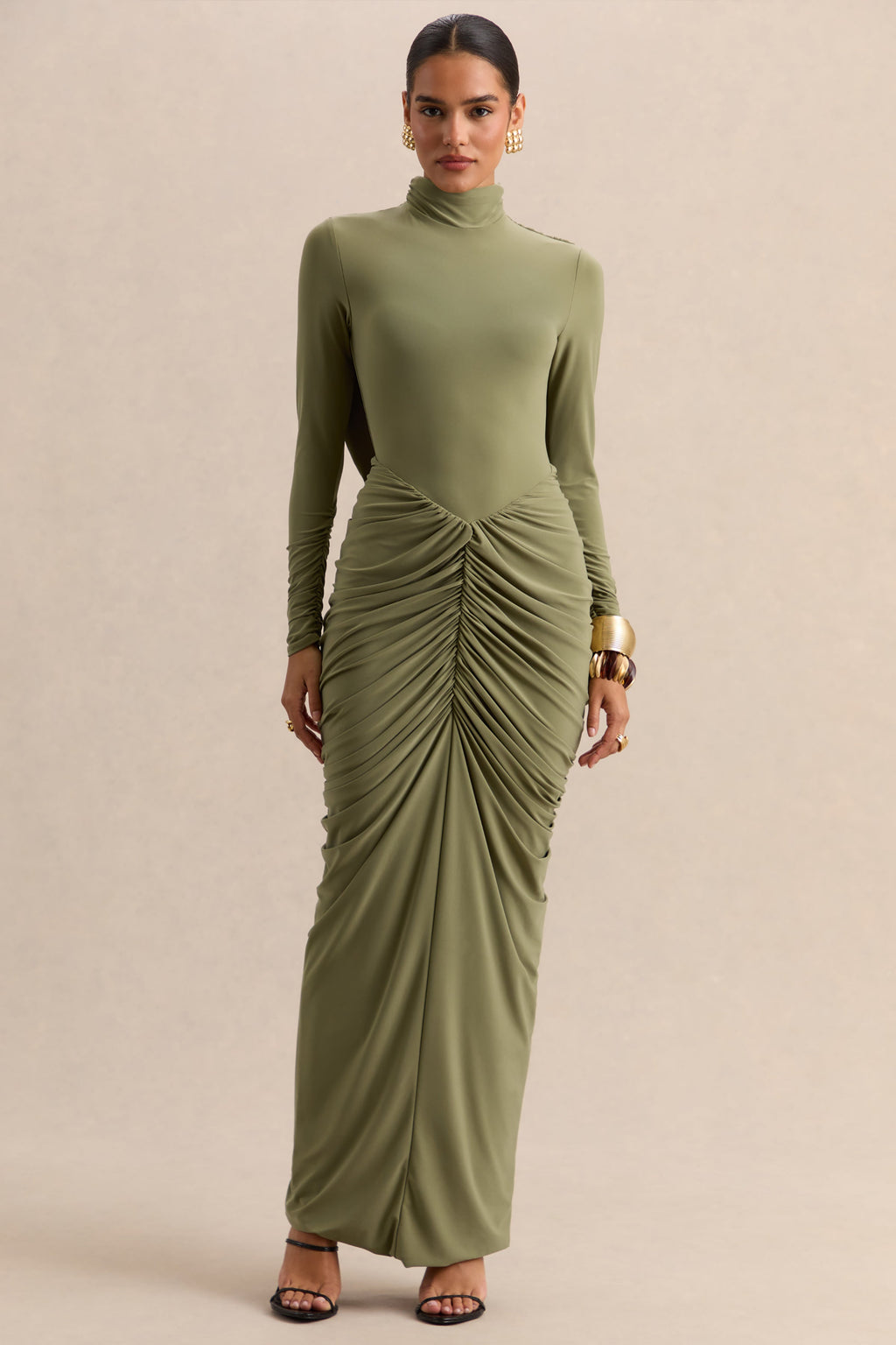 Harmona | Olive High-Neck Maxi Dress With Gathered And Draped-Detailing