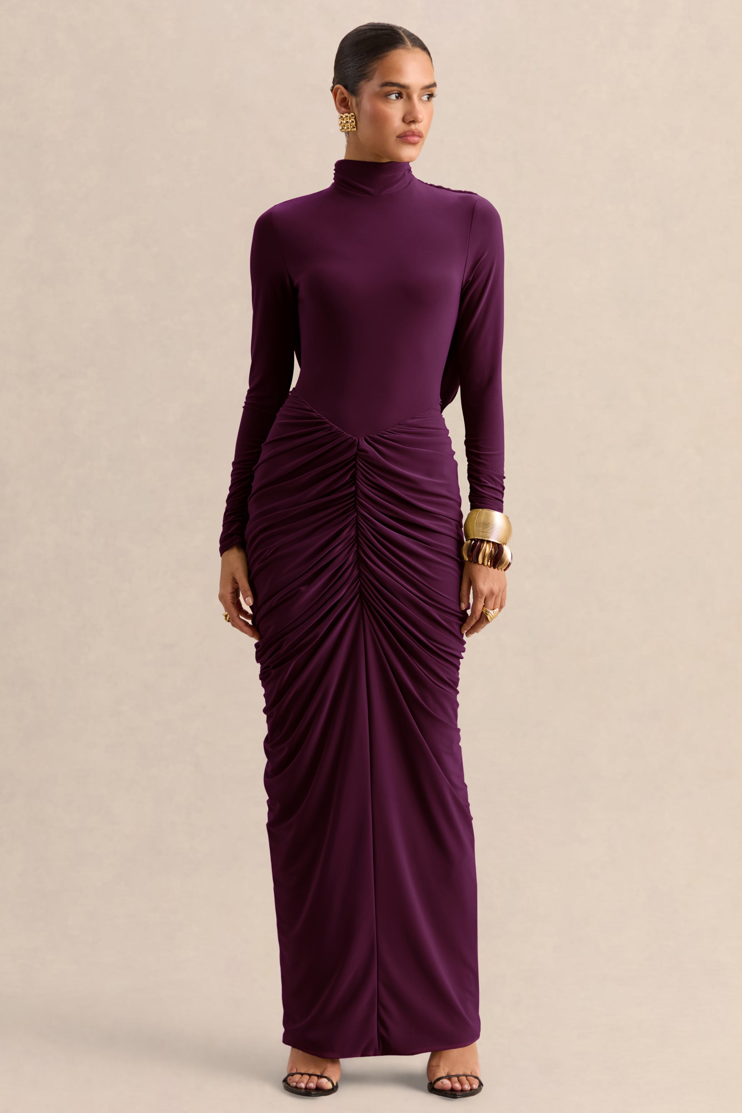 Harmona | Dark Plum High-Neck Maxi Dress With Gathered And Draped-Detailing