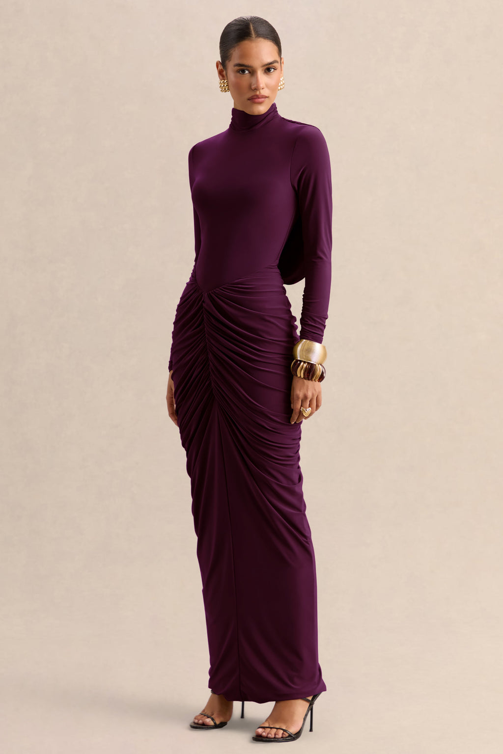 Harmona | Dark Plum High-Neck Maxi Dress With Gathered And Draped-Detailing
