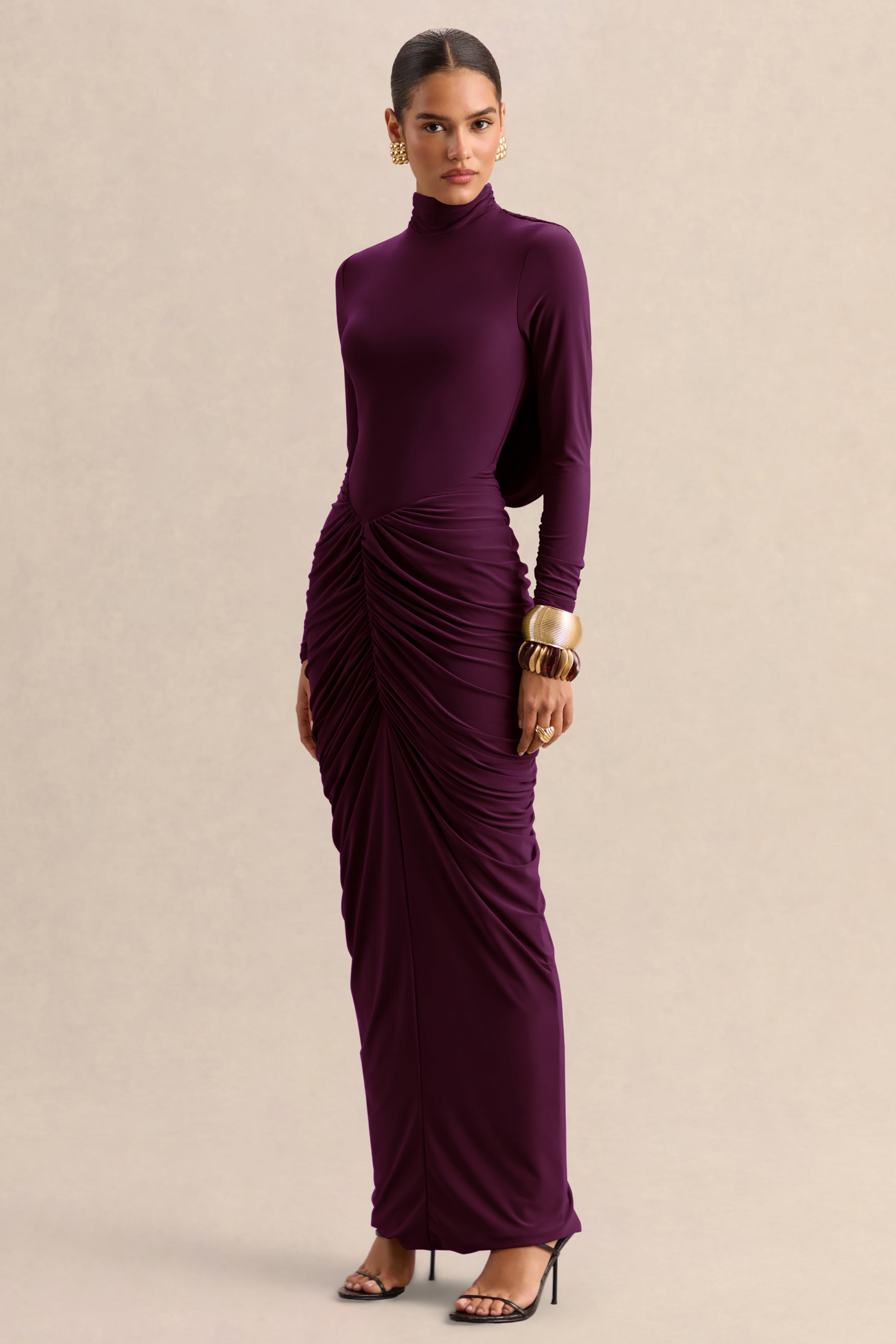 Harmona | Dark Plum High-Neck Maxi Dress With Gathered And Draped-Detailing