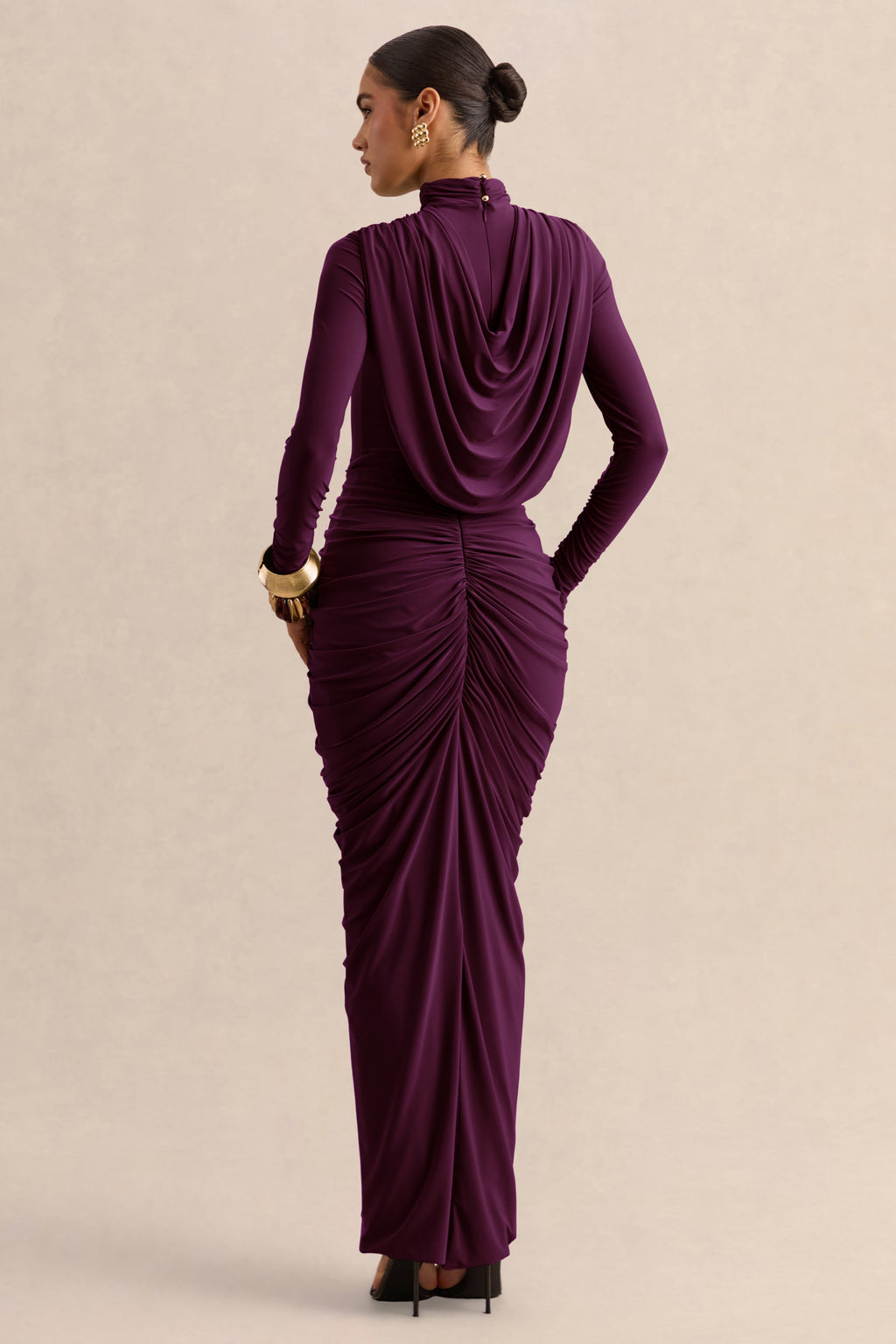 Harmona | Dark Plum High-Neck Maxi Dress With Gathered And Draped-Detailing