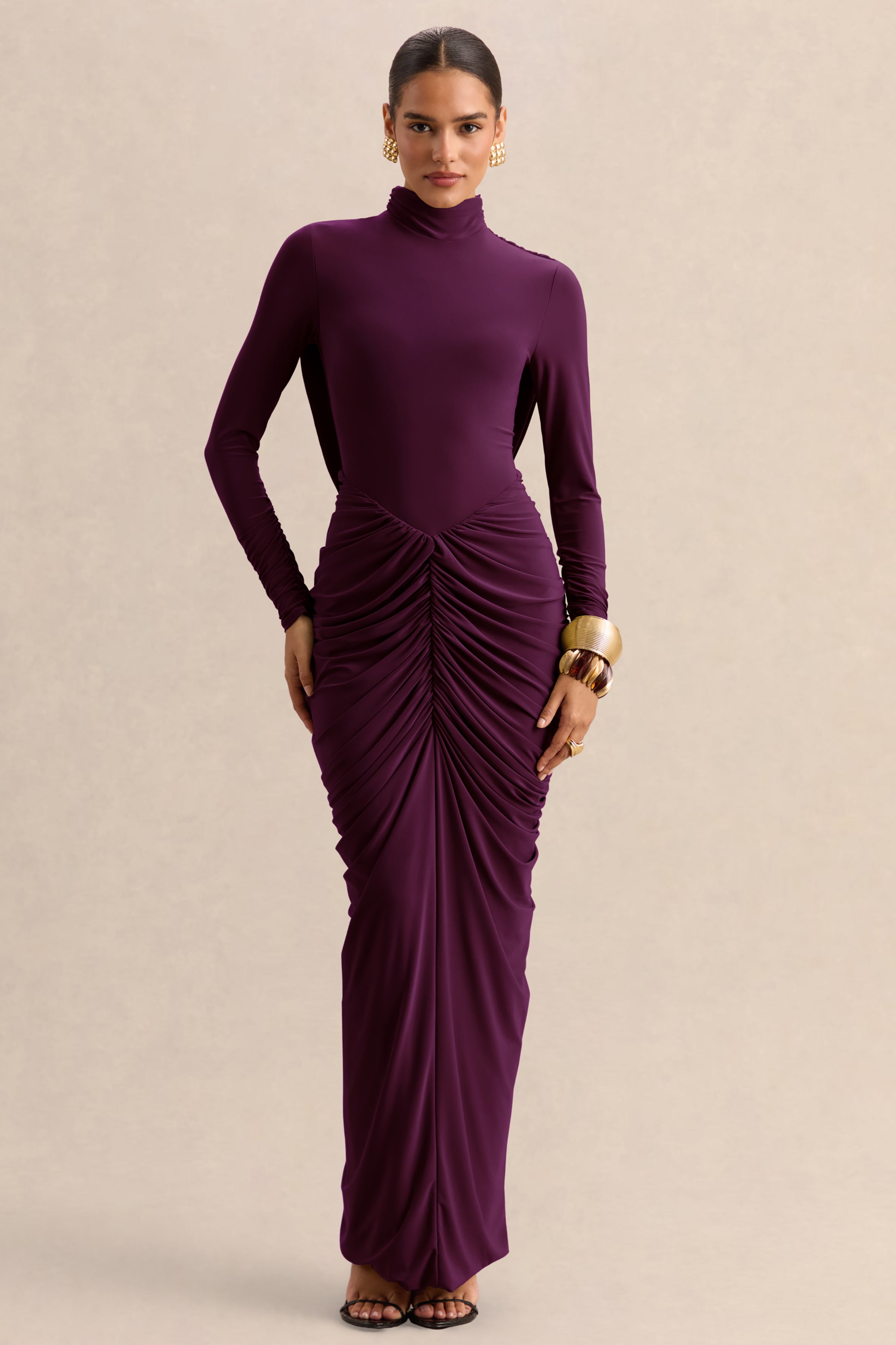Harmona | Dark Plum High-Neck Maxi Dress With Gathered And Draped-Detailing