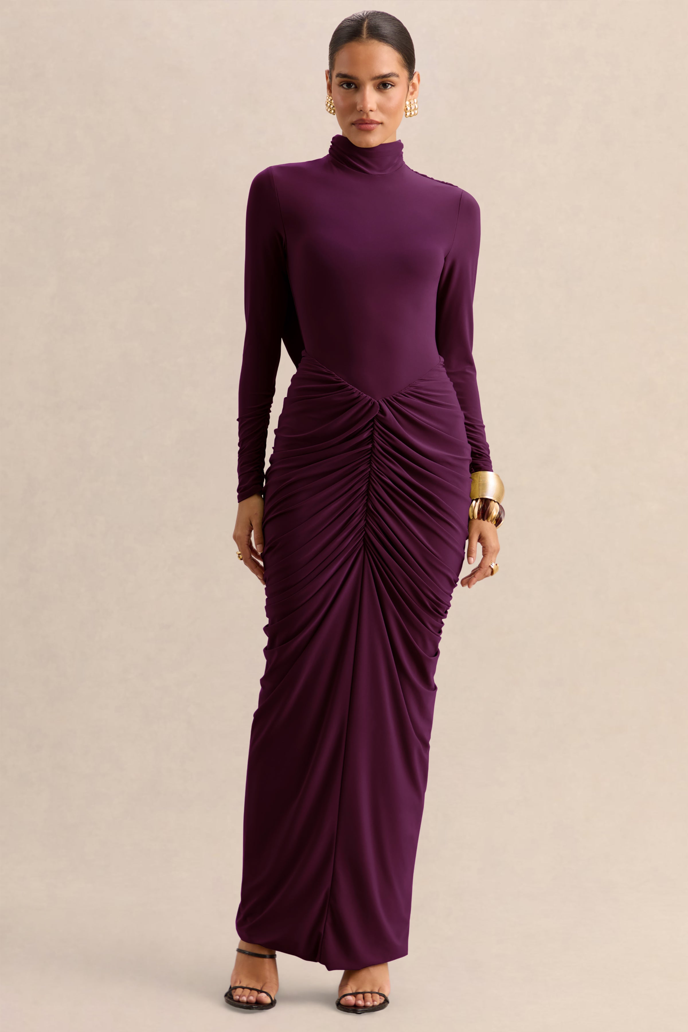 Harmona | Dark Plum High-Neck Maxi Dress With Gathered And Draped-Detailing