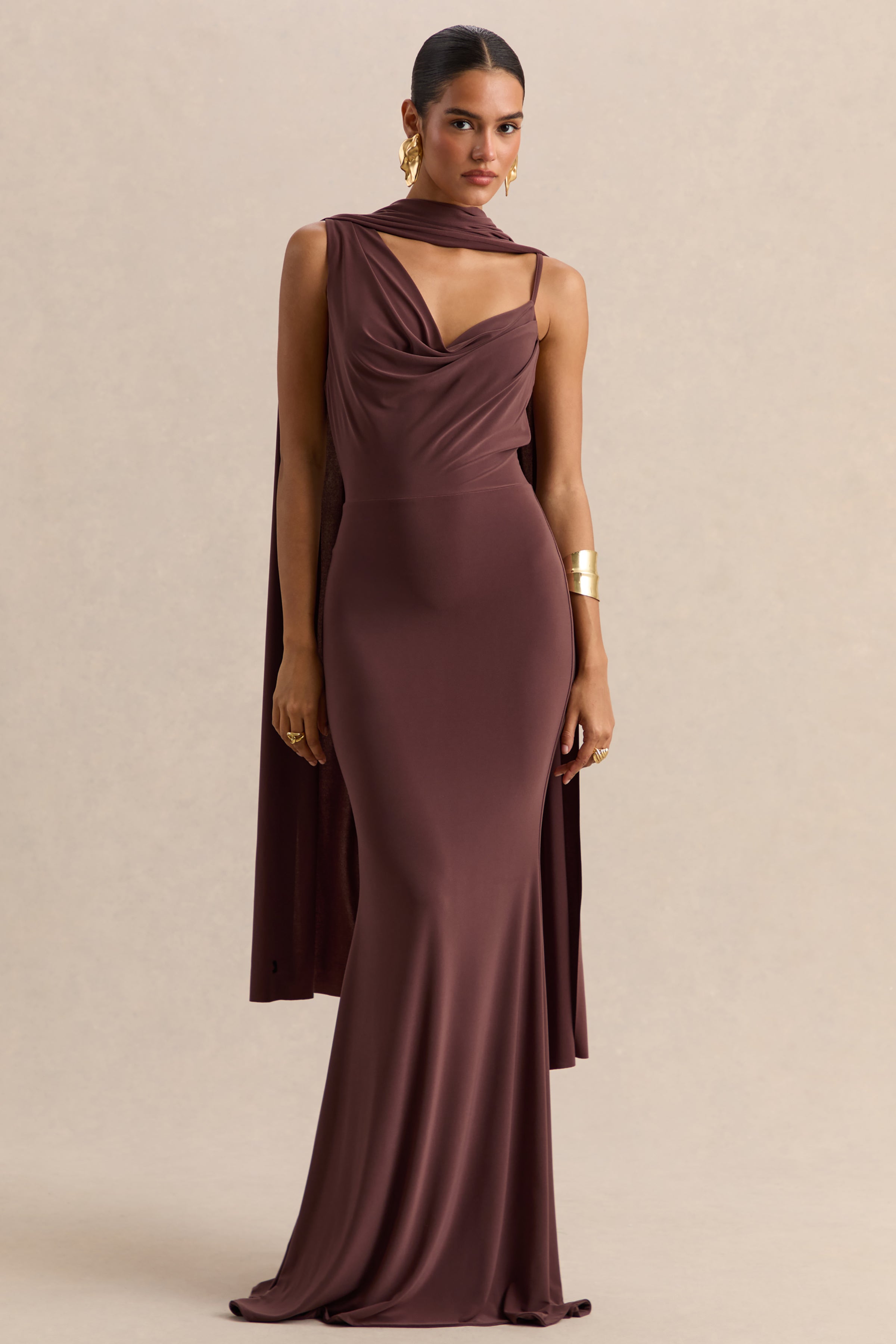 Armelia | Brown Cowl-Neck Maxi Dress With Scarf-Detail