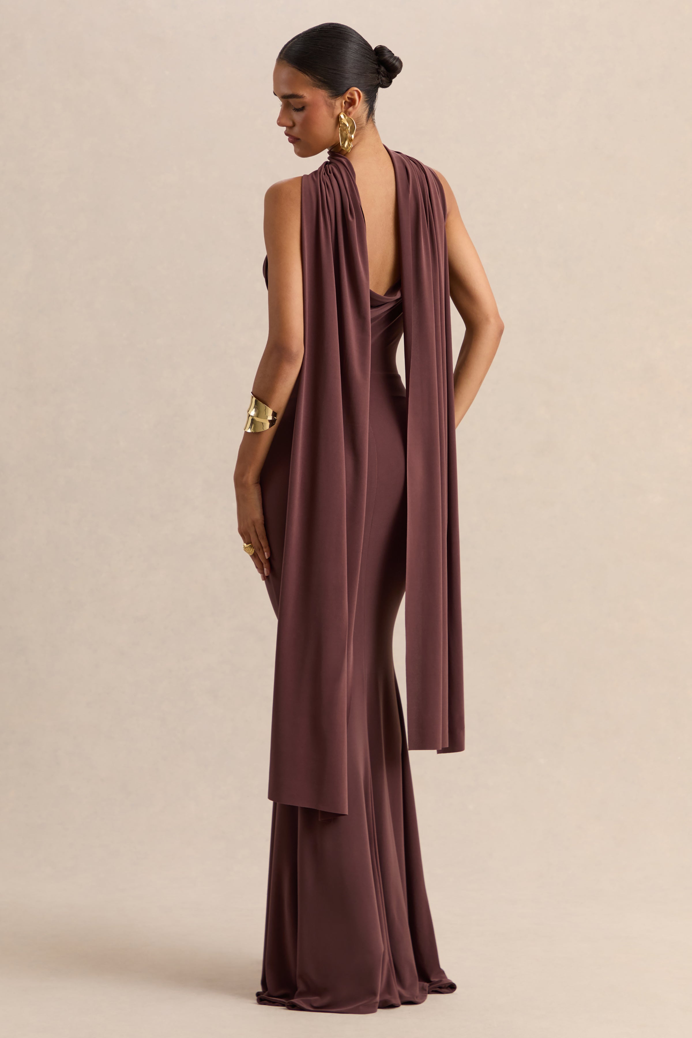 Armelia | Brown Cowl-Neck Maxi Dress With Scarf-Detail