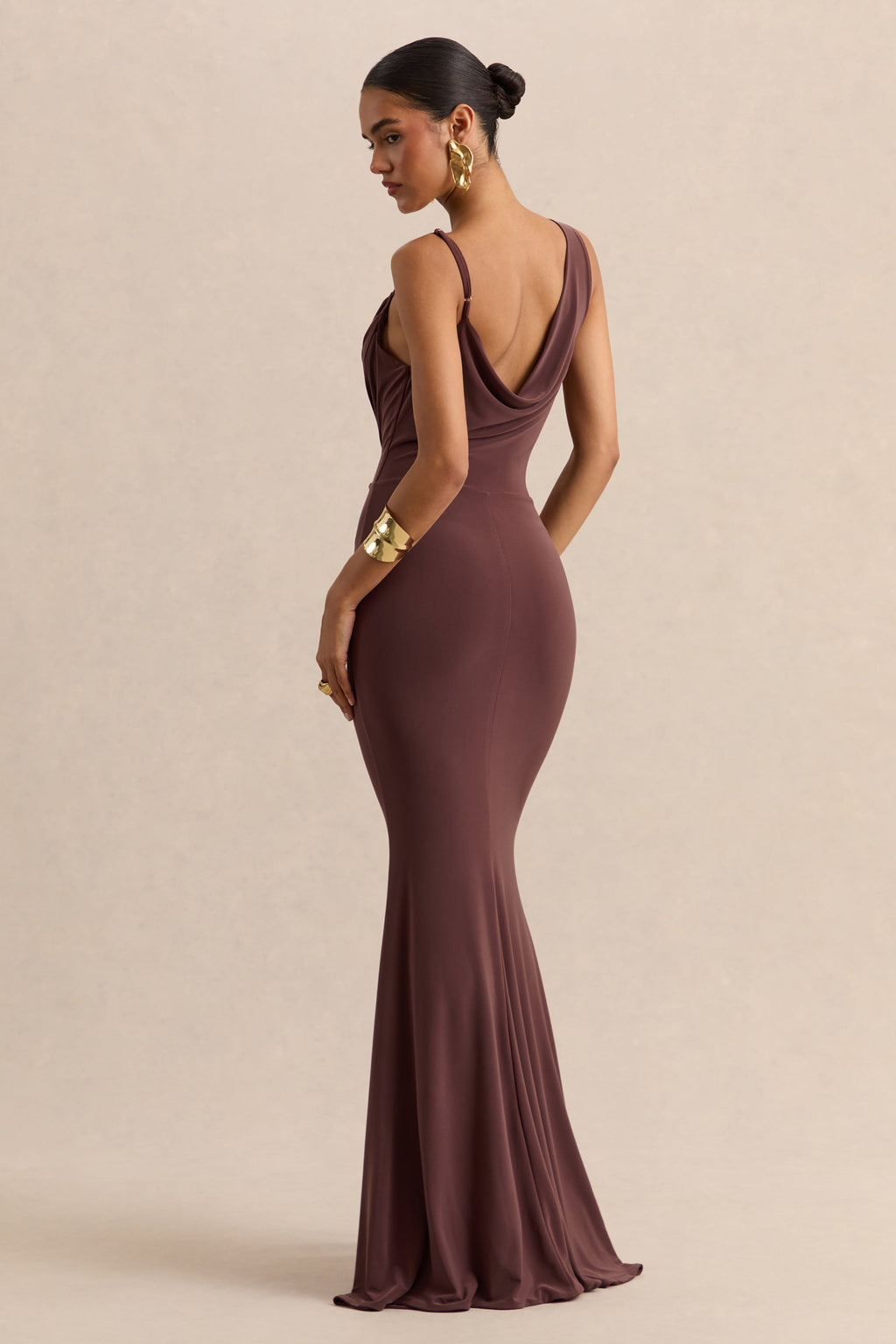 Armelia | Brown Cowl-Neck Maxi Dress With Scarf-Detail
