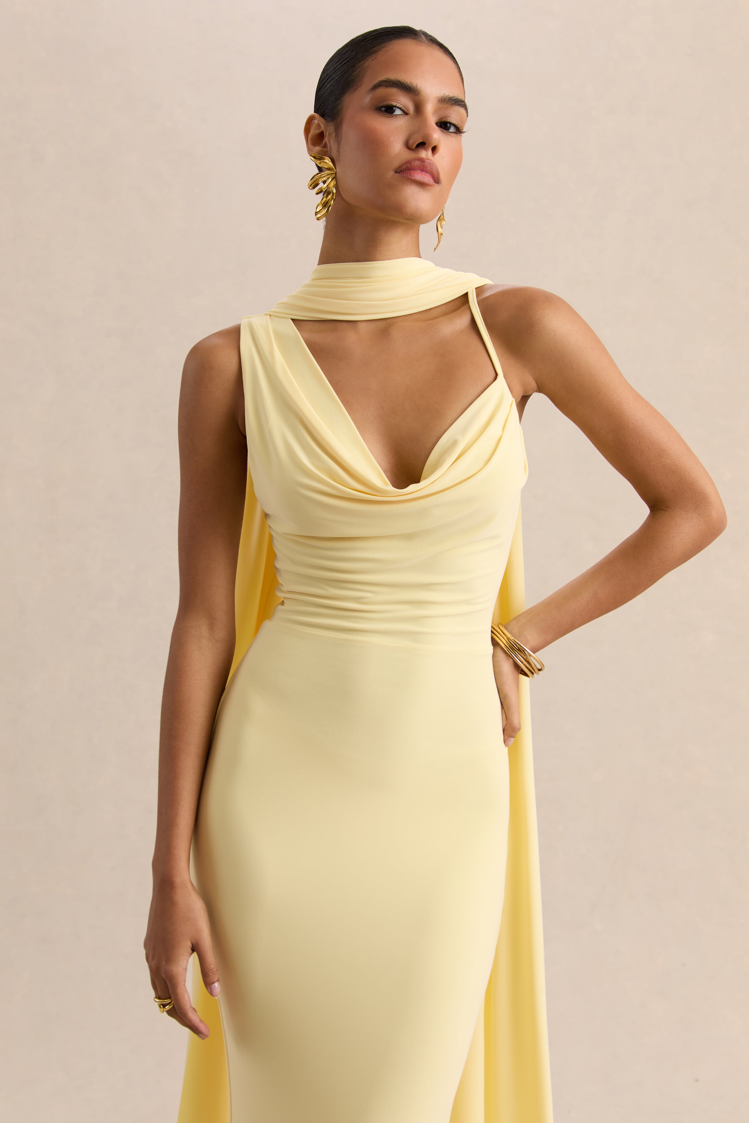 Armelia | Lemon Cowl-Neck Maxi Dress With Scarf-Detail
