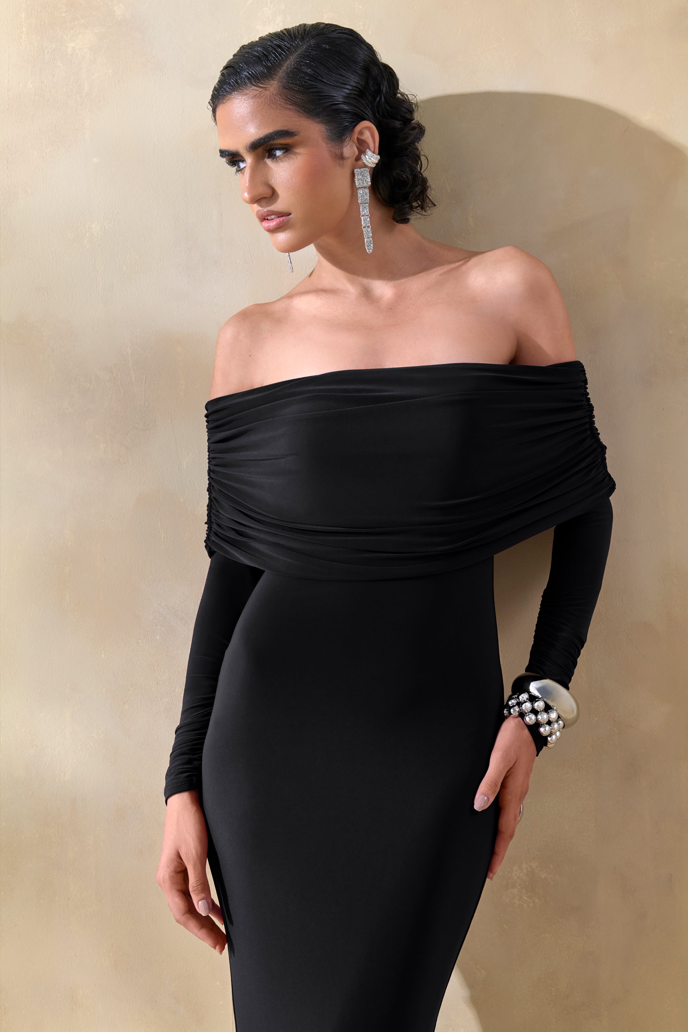 Brisea | Black Bardot-Neck Maxi Dress