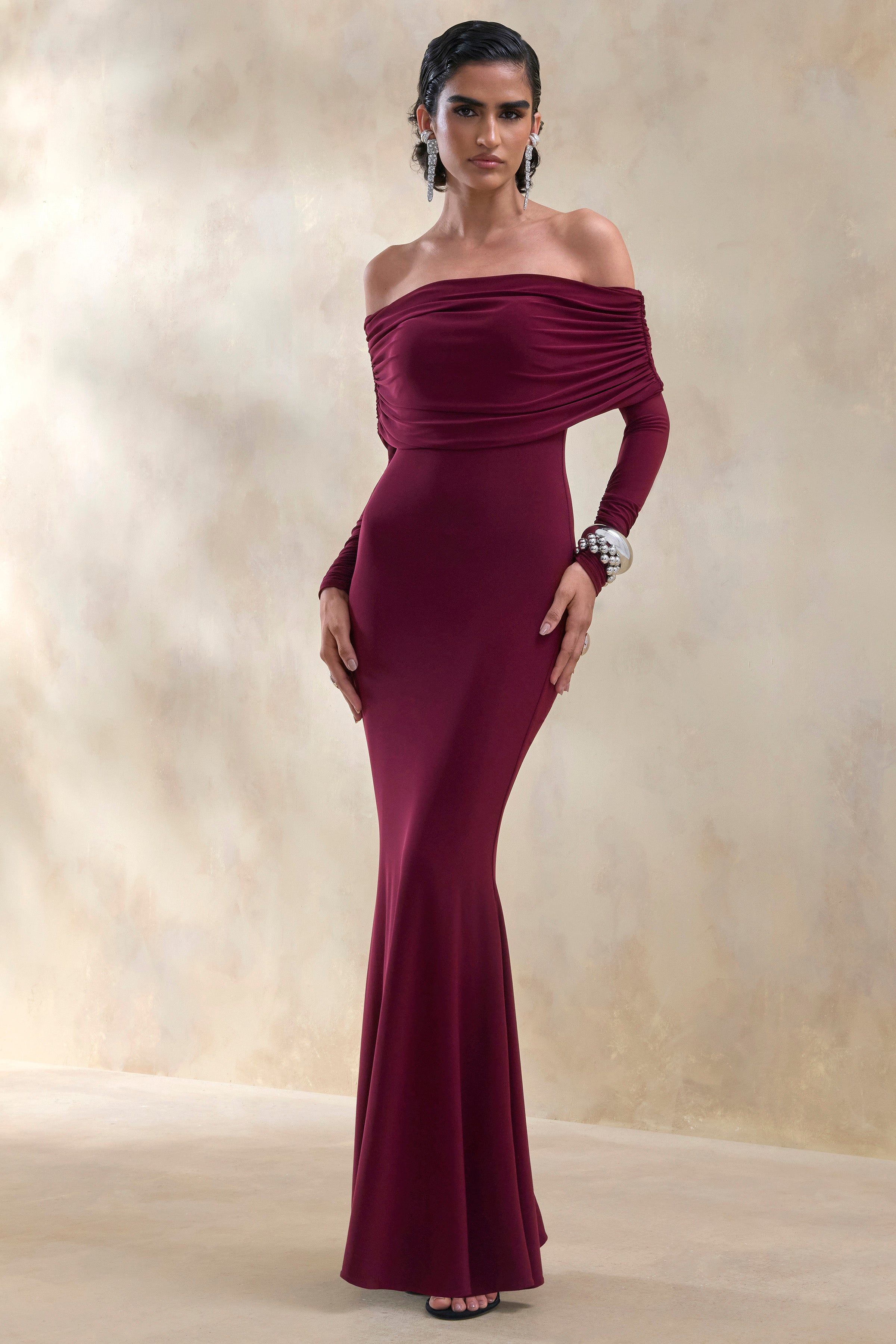 Brisea | Burgundy Bardot-Neck Maxi Dress