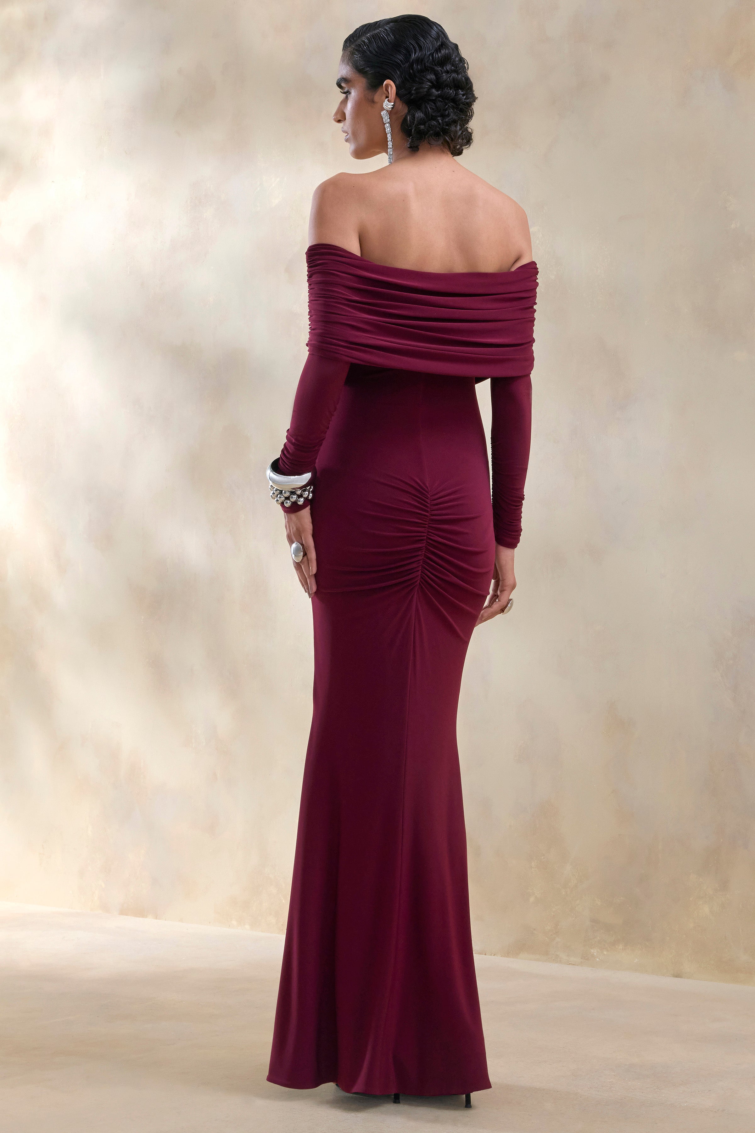 Brisea | Burgundy Bardot-Neck Maxi Dress