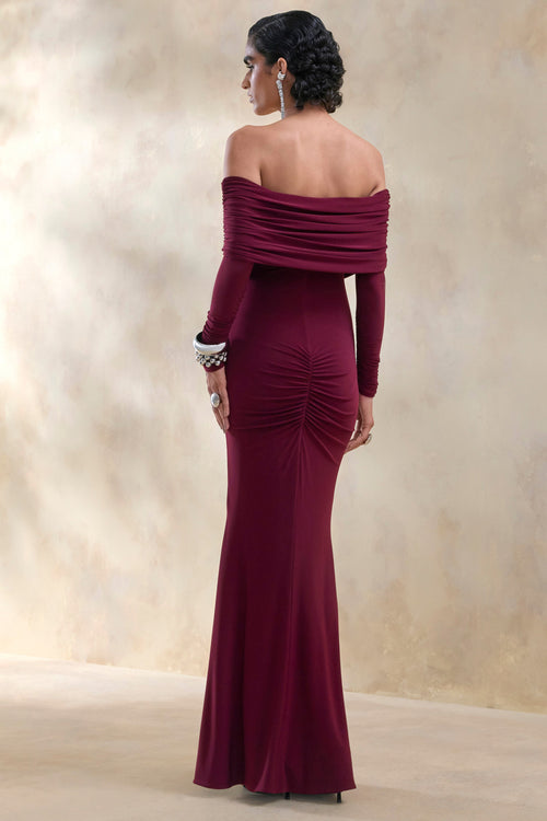 Brisea | Burgundy Bardot-Neck Maxi Dress