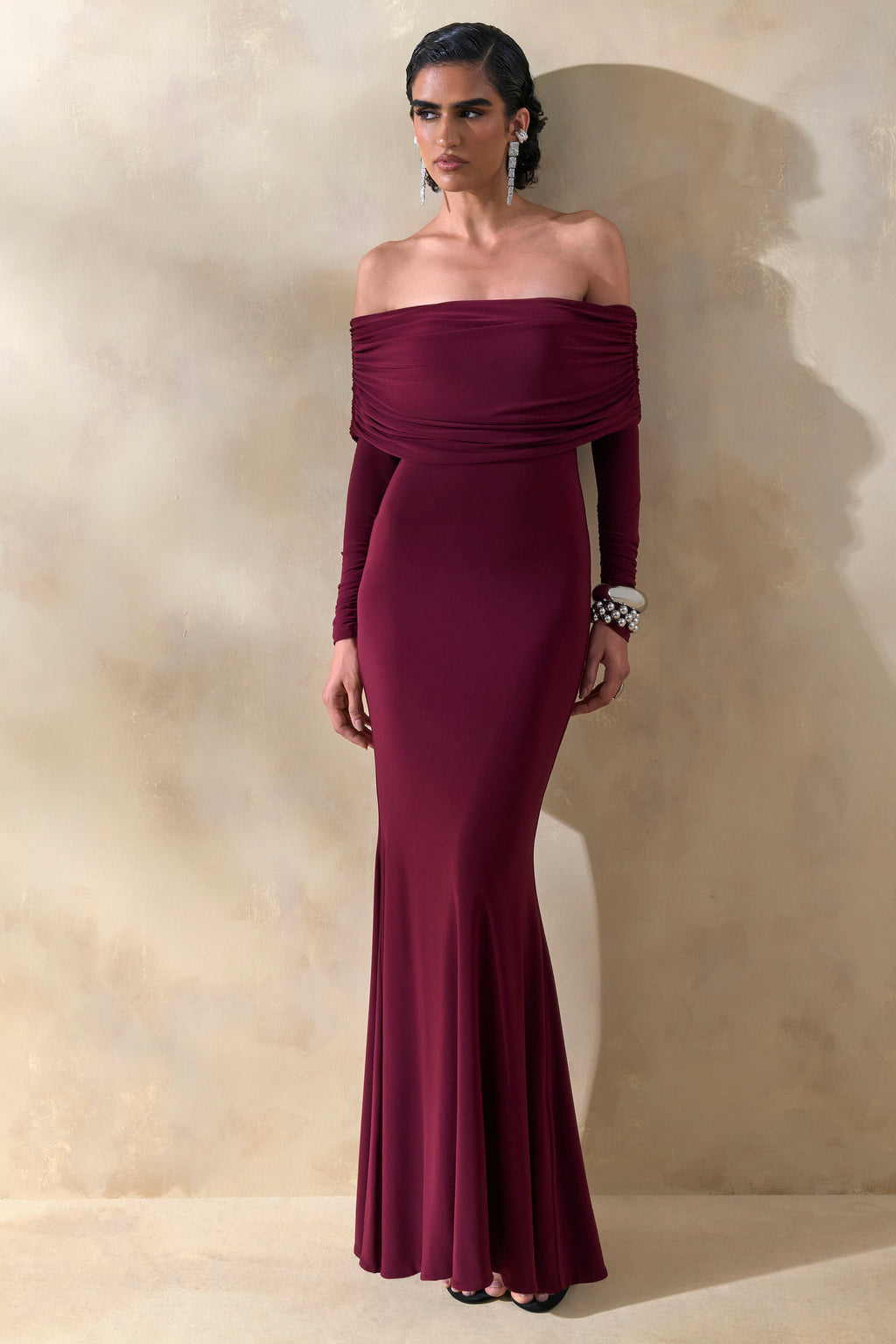 Brisea | Burgundy Bardot-Neck Maxi Dress