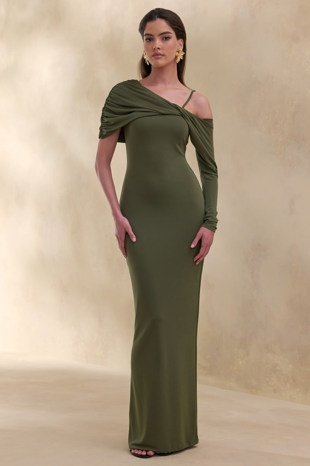 Silvaria | Olive Twisted Asymmetric-Neck Maxi Dress