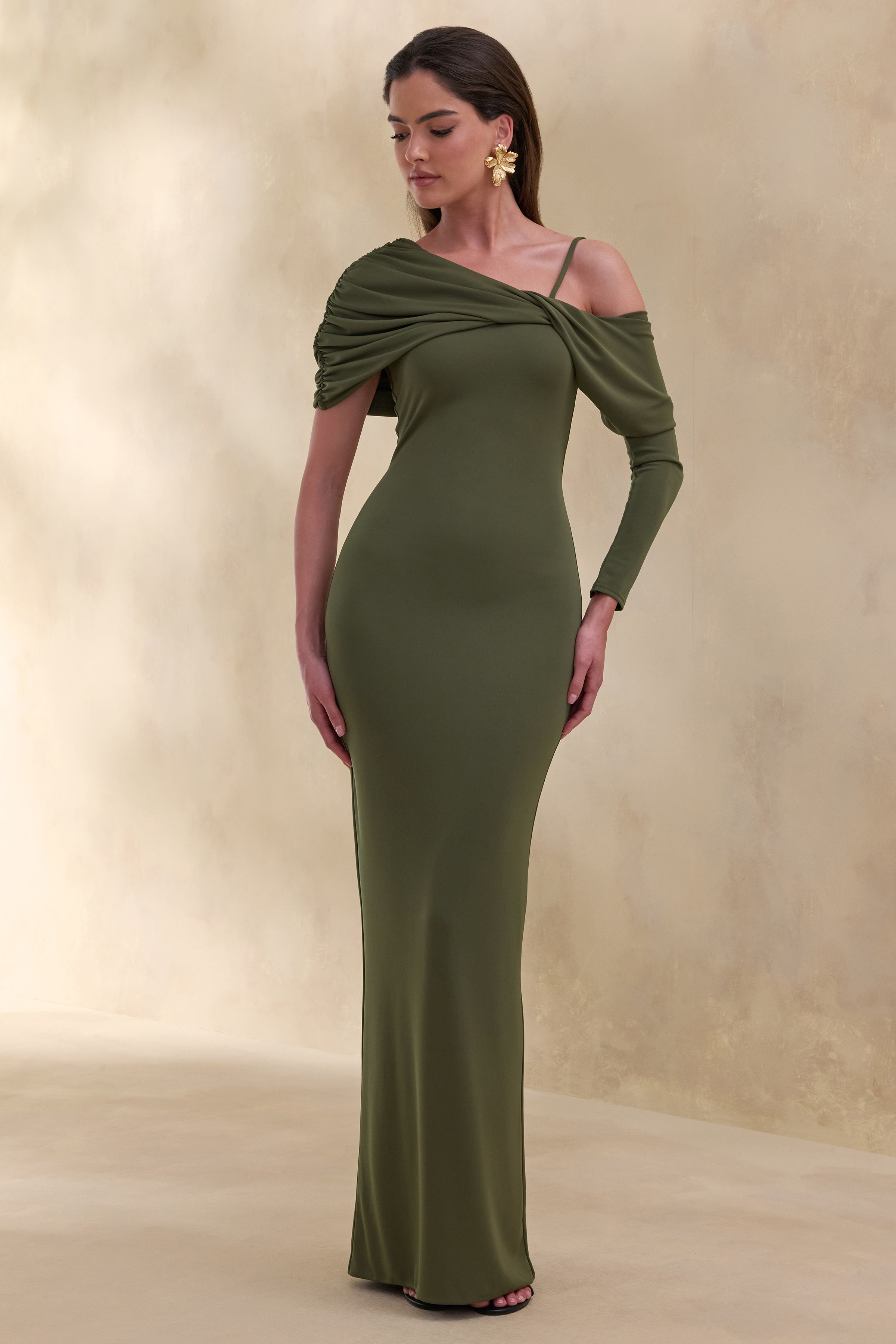 Silvaria | Olive Twisted Asymmetric-Neck Maxi Dress