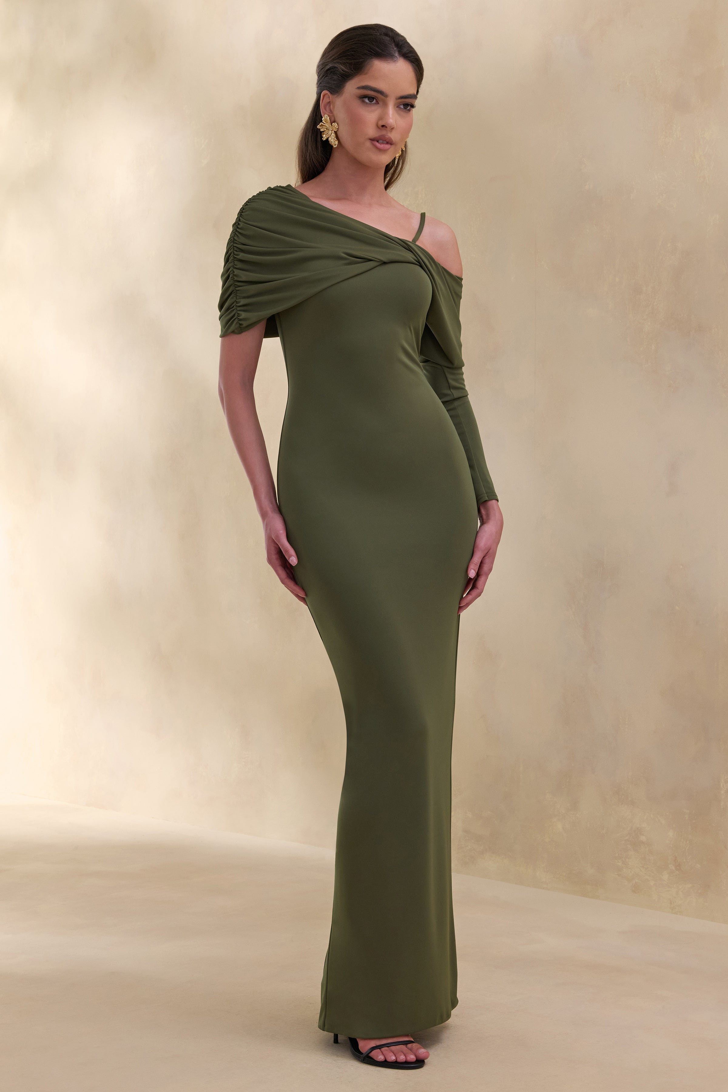 Silvaria | Olive Twisted Asymmetric-Neck Maxi Dress