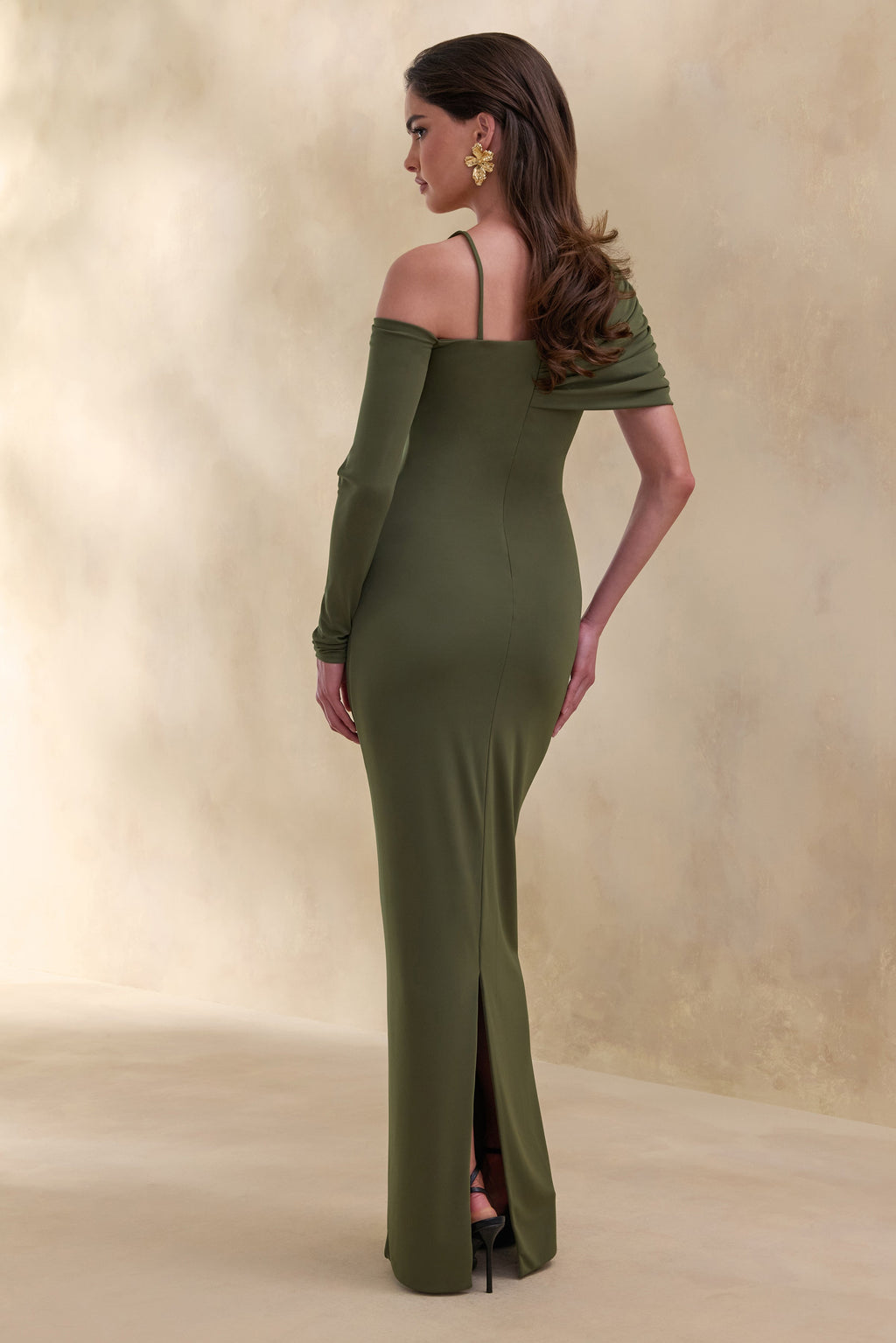 Silvaria | Olive Twisted Asymmetric-Neck Maxi Dress