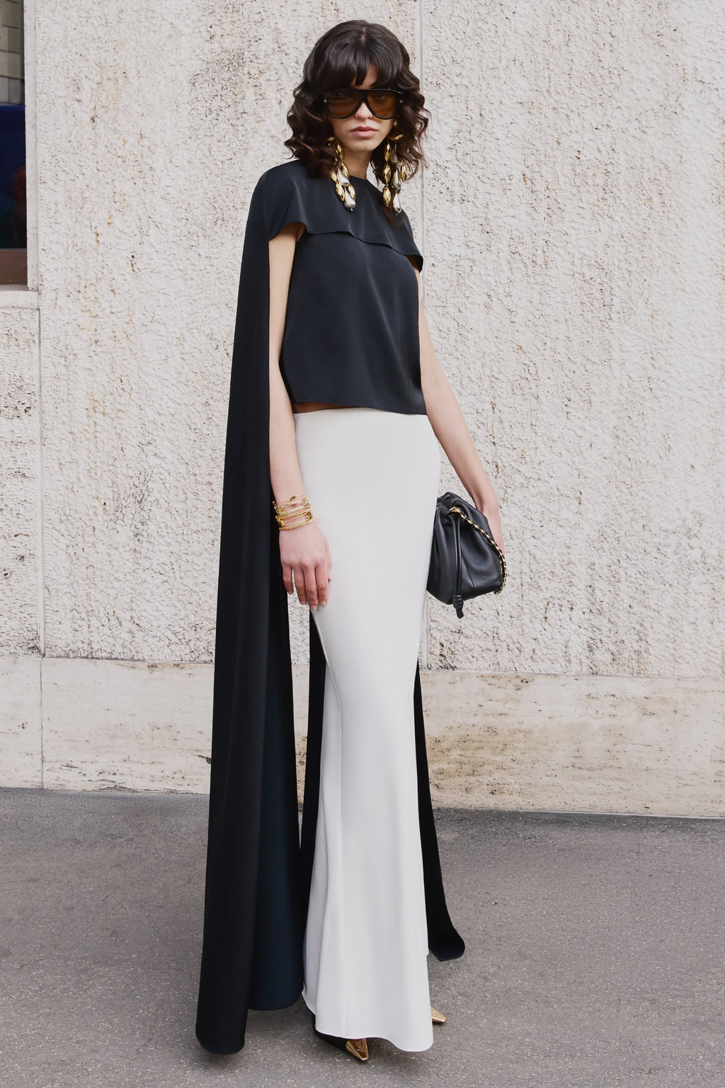 Aetheria | Black Satin High-Neck Top With Cape