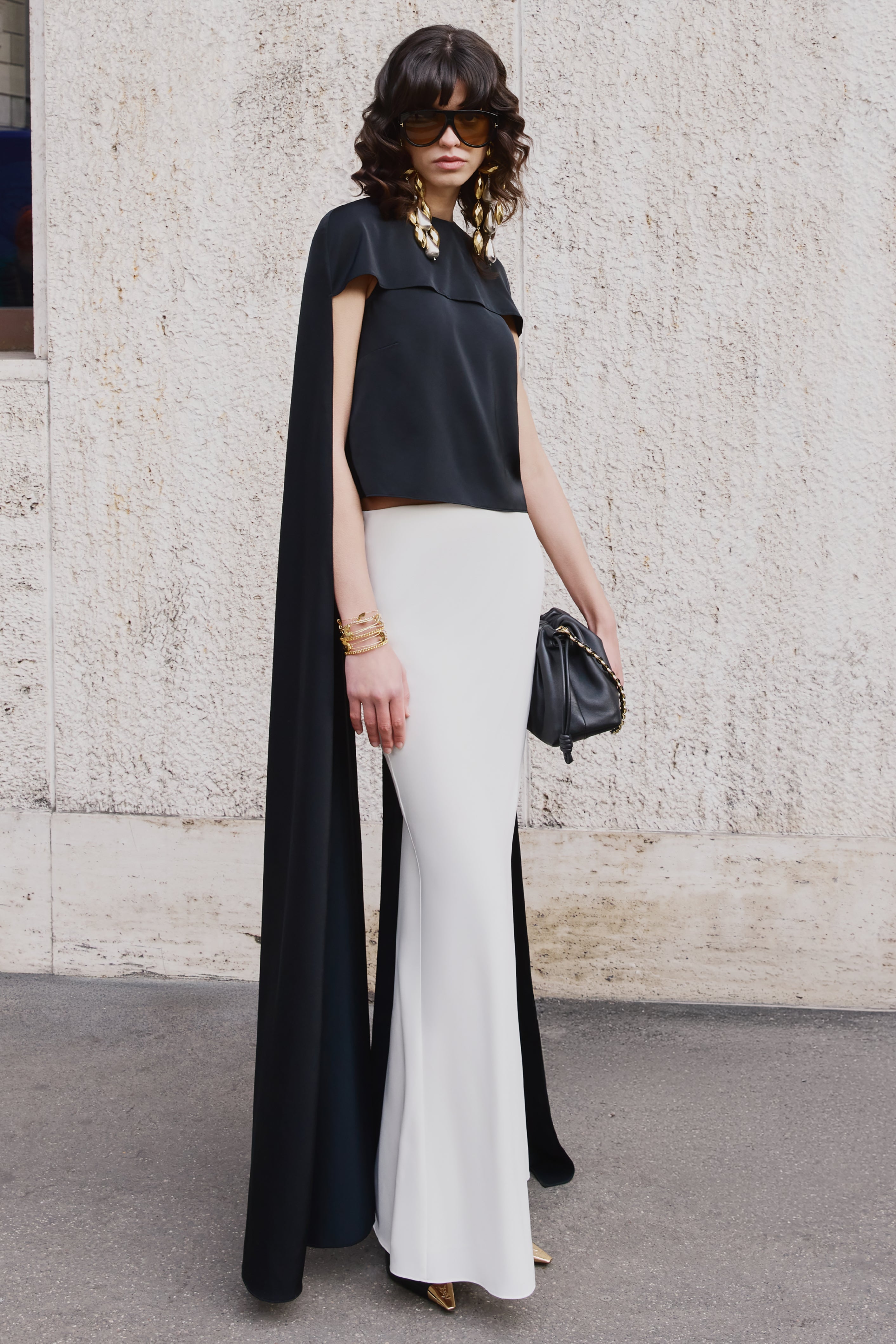 Aetheria | Black Satin High-Neck Top With Cape