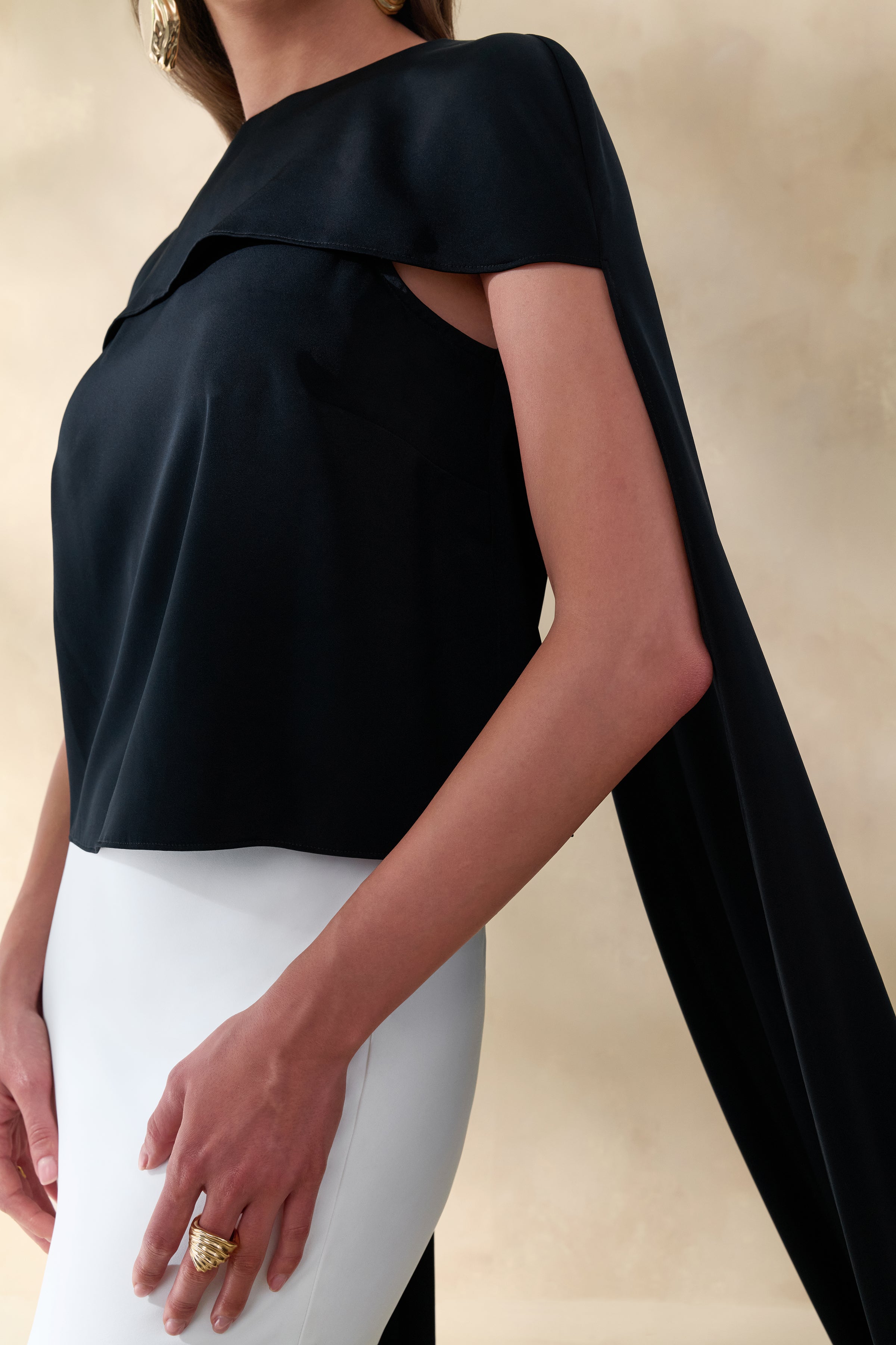 Aetheria | Black Satin High-Neck Top With Cape
