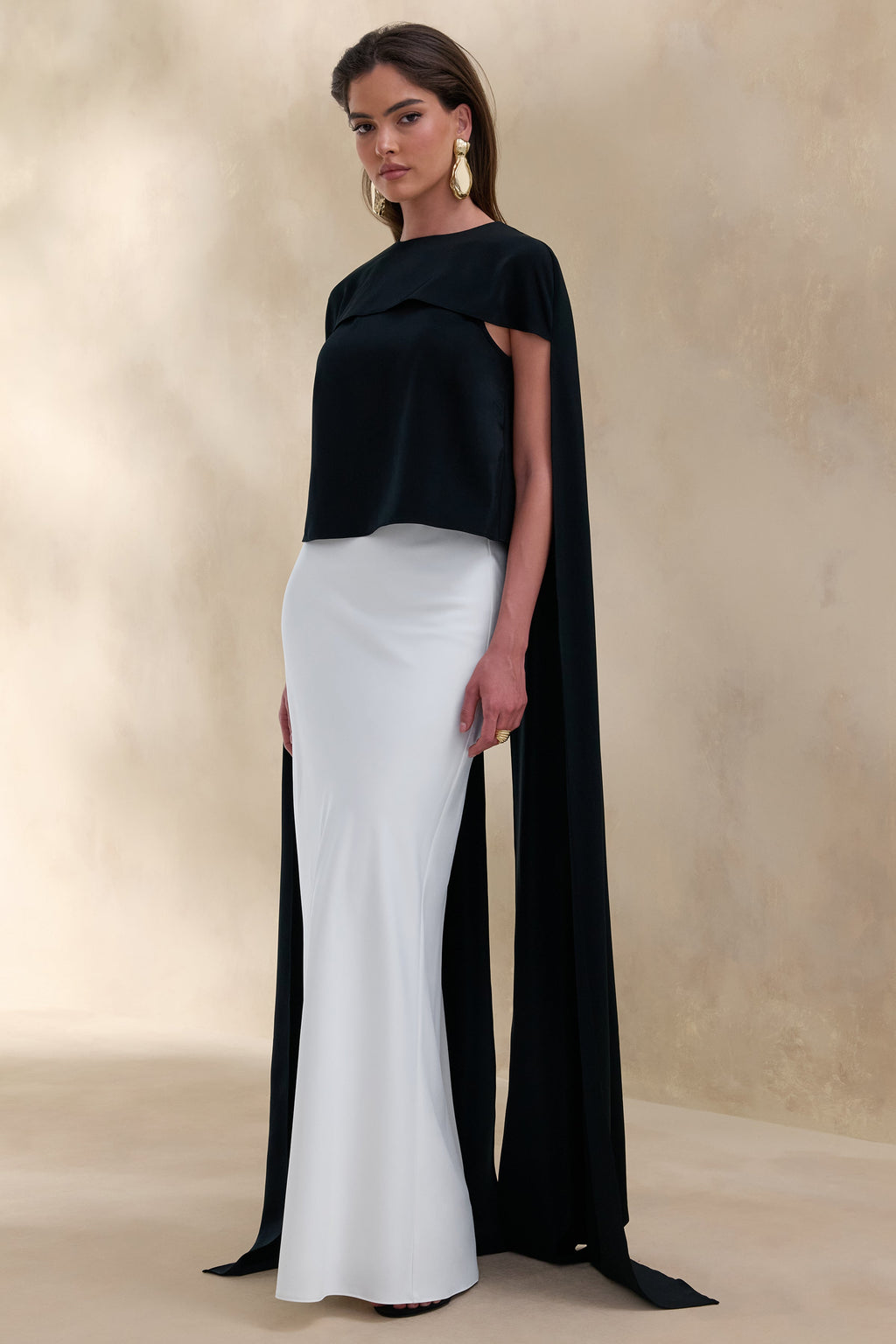Aetheria | Black Satin High-Neck Top With Cape